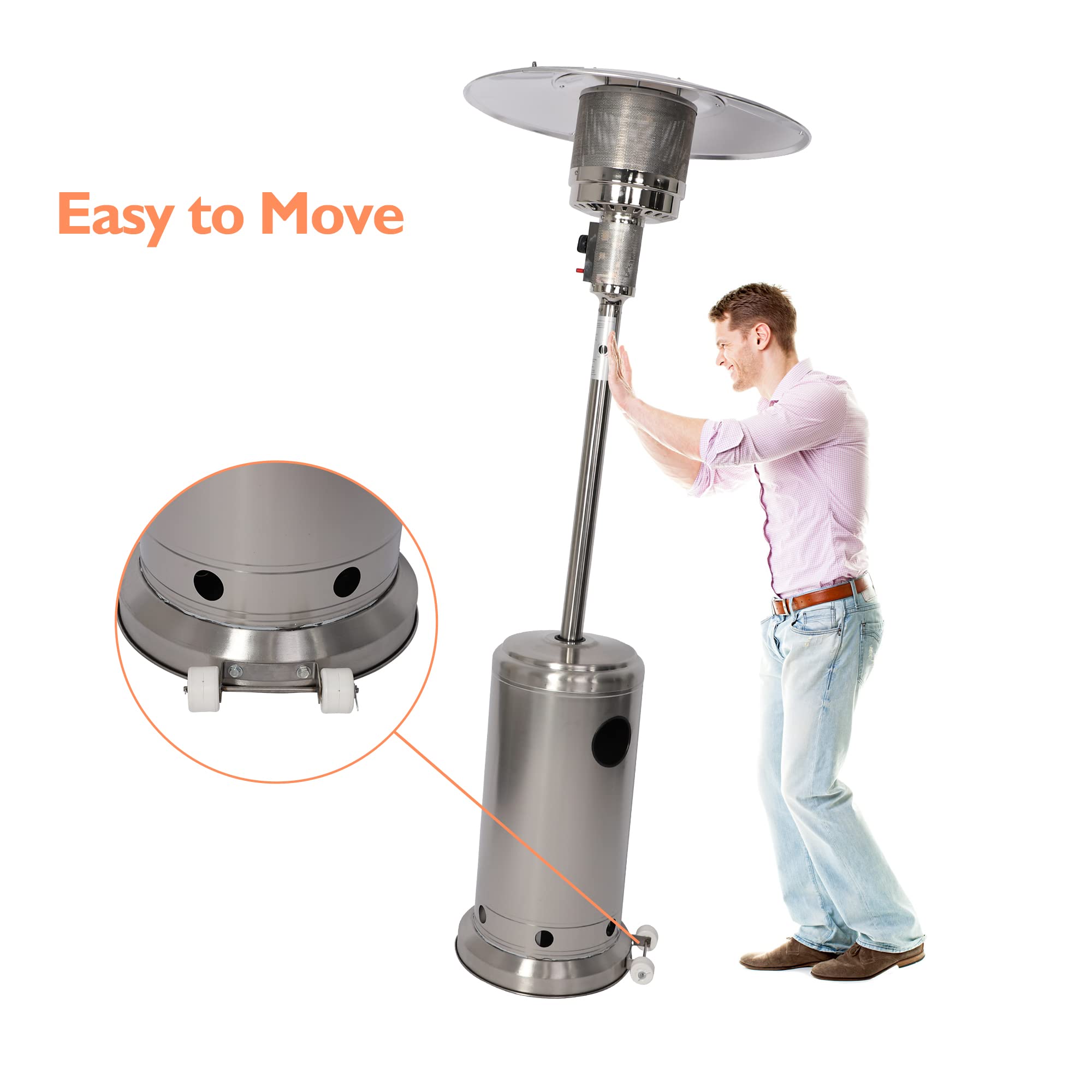 Stainless Steel Outdoor Patio Heater - 48,000 BTU LP Propane Standing Heater with Anti-Tilt Safety Switch for Garden, Wedding, Party & Backyard Use (Silver) - Perfect for Outdoor Dining, Poolside & Cold Weather Gatherings