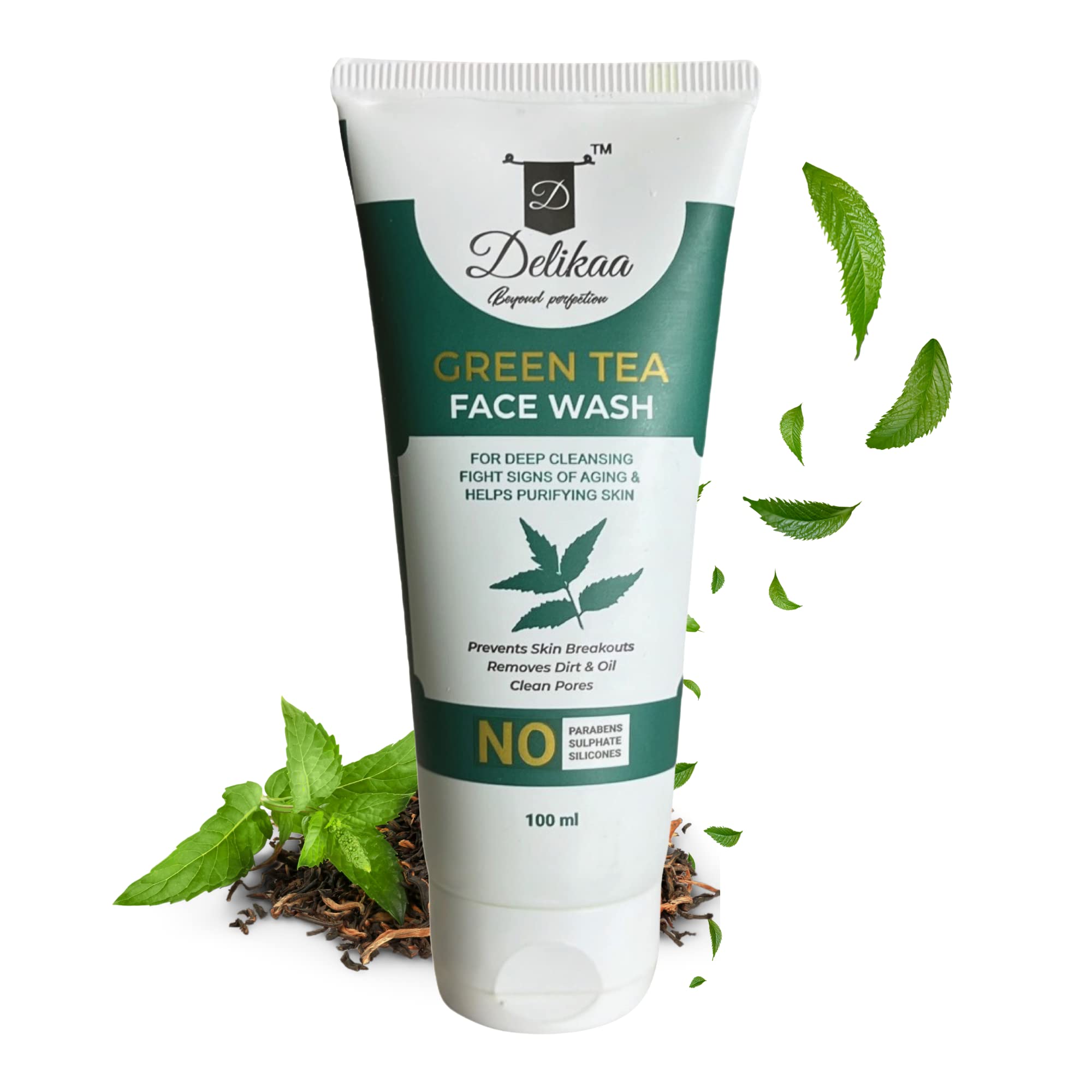 Delikaa Green Tea Face Wash with Neem, Tea Tree Oil, Amla & Turmeric - Deep Cleansing for Acne-Prone Skin, Removes Dirt & Prevents Breakouts (100ml) - Perfect for Daily Skincare Routine & Oily/Combination Skin Care