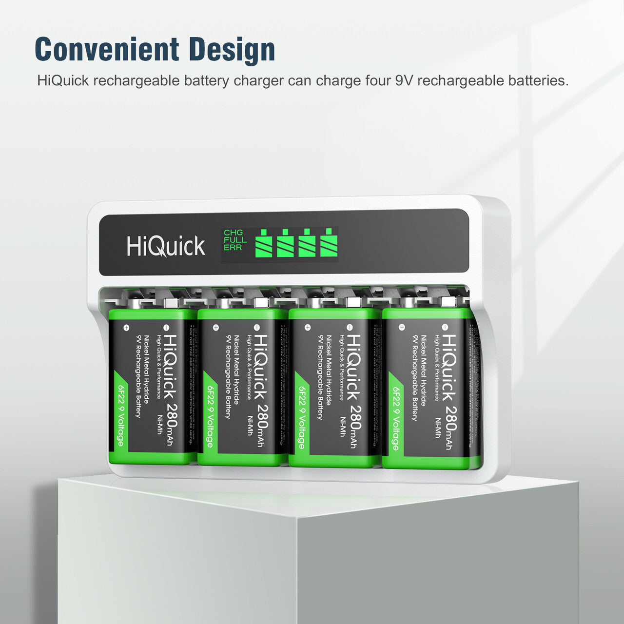 HiQuick 4 Bay LCD 9V Smart Battery Charger for NiMH NiCD Li-ion Rechargeable Batteries - Fast Charging for Smoke Detectors, Guitar Pedals & Medical Devices