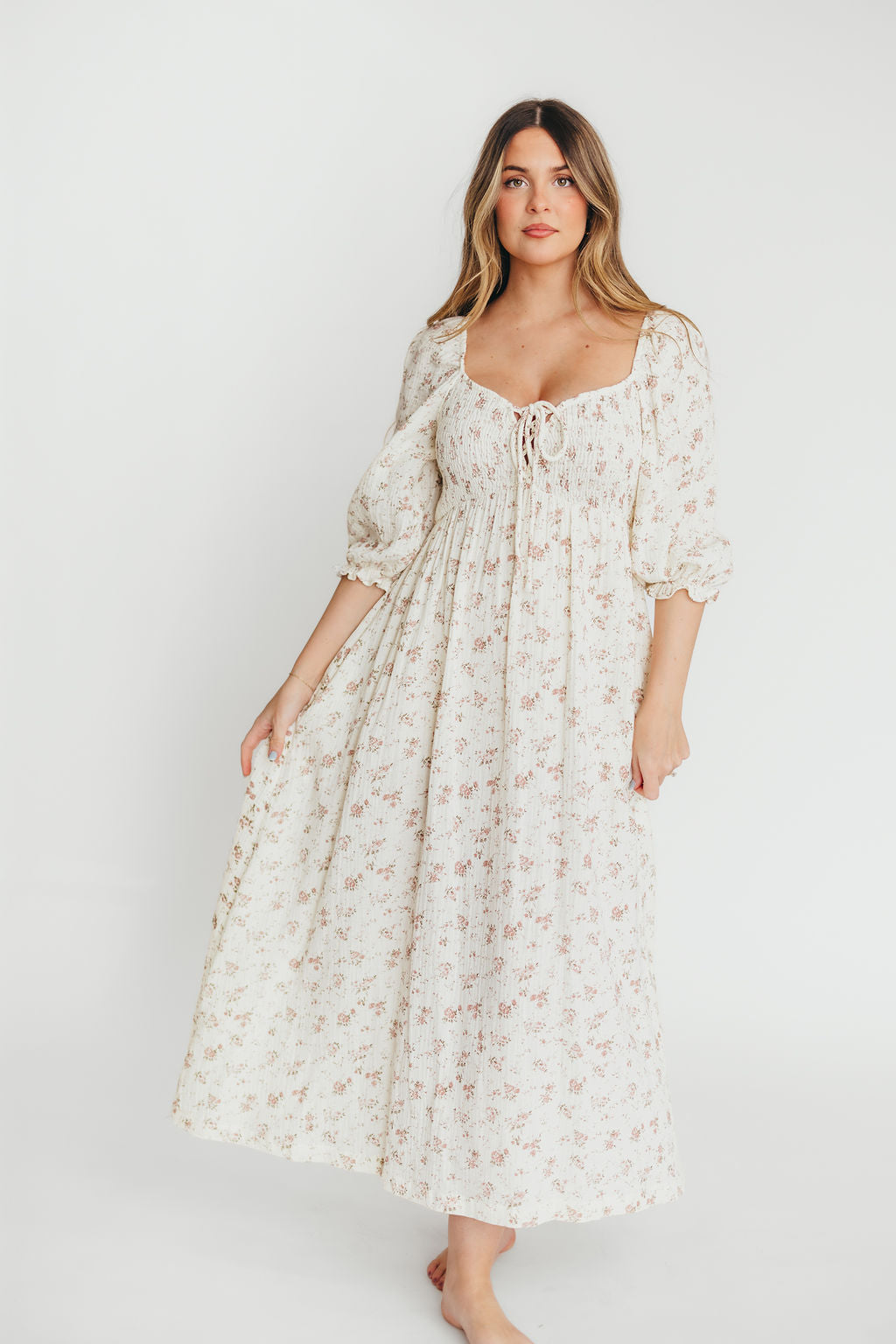 100% Cotton Smocked Maxi Dress for Women - Ivory & Mauve Floral Print | Bump Friendly Maternity Dress | Perfect for Beach Vacations, Summer Weddings & Casual Outings
