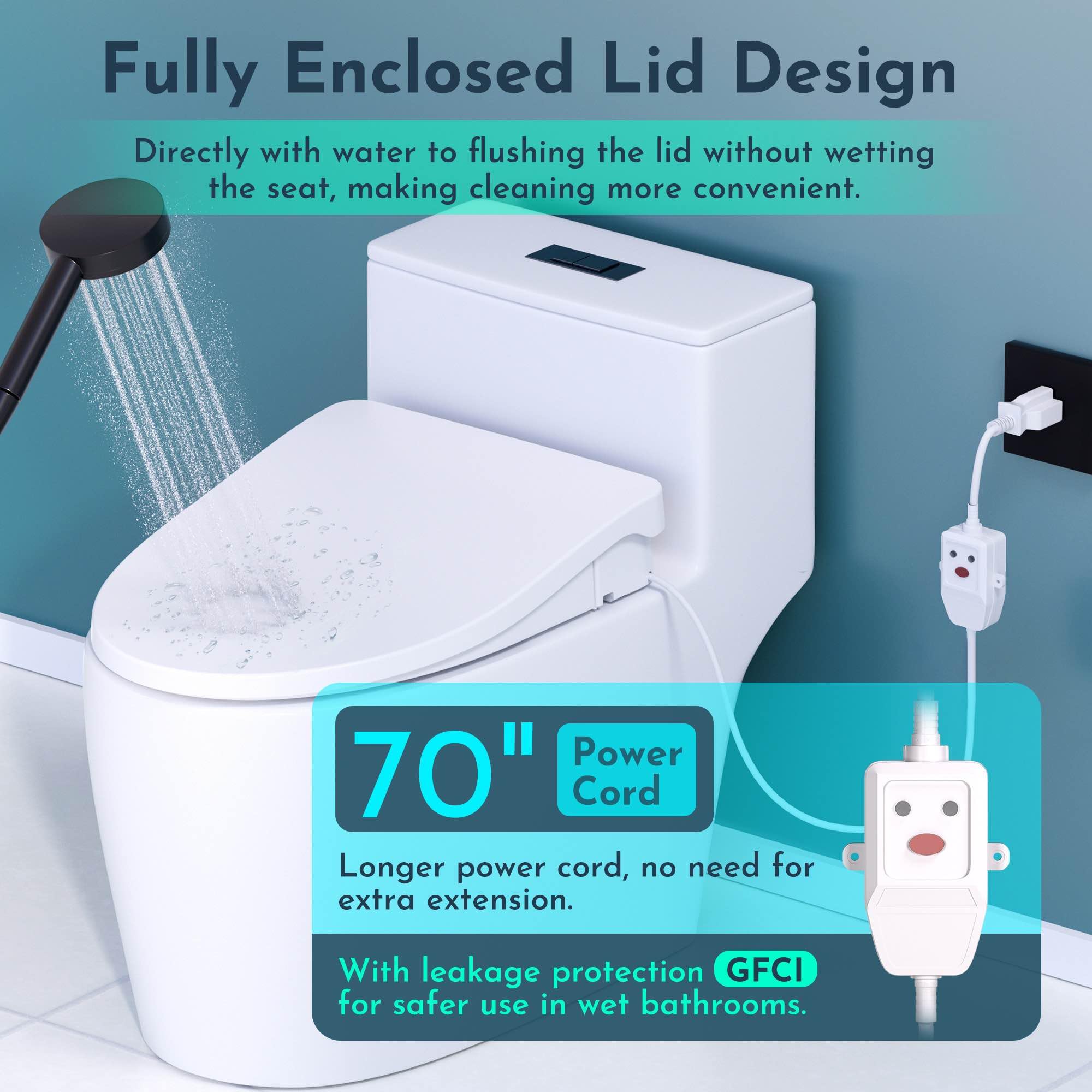 Electric Heated Bidet Toilet Seat with Warm Water & Heated Seat - Elongated Comfort, Warm Air Dryer, Continuous Warm Water, Remote Control, Curved Nozzle, 70
