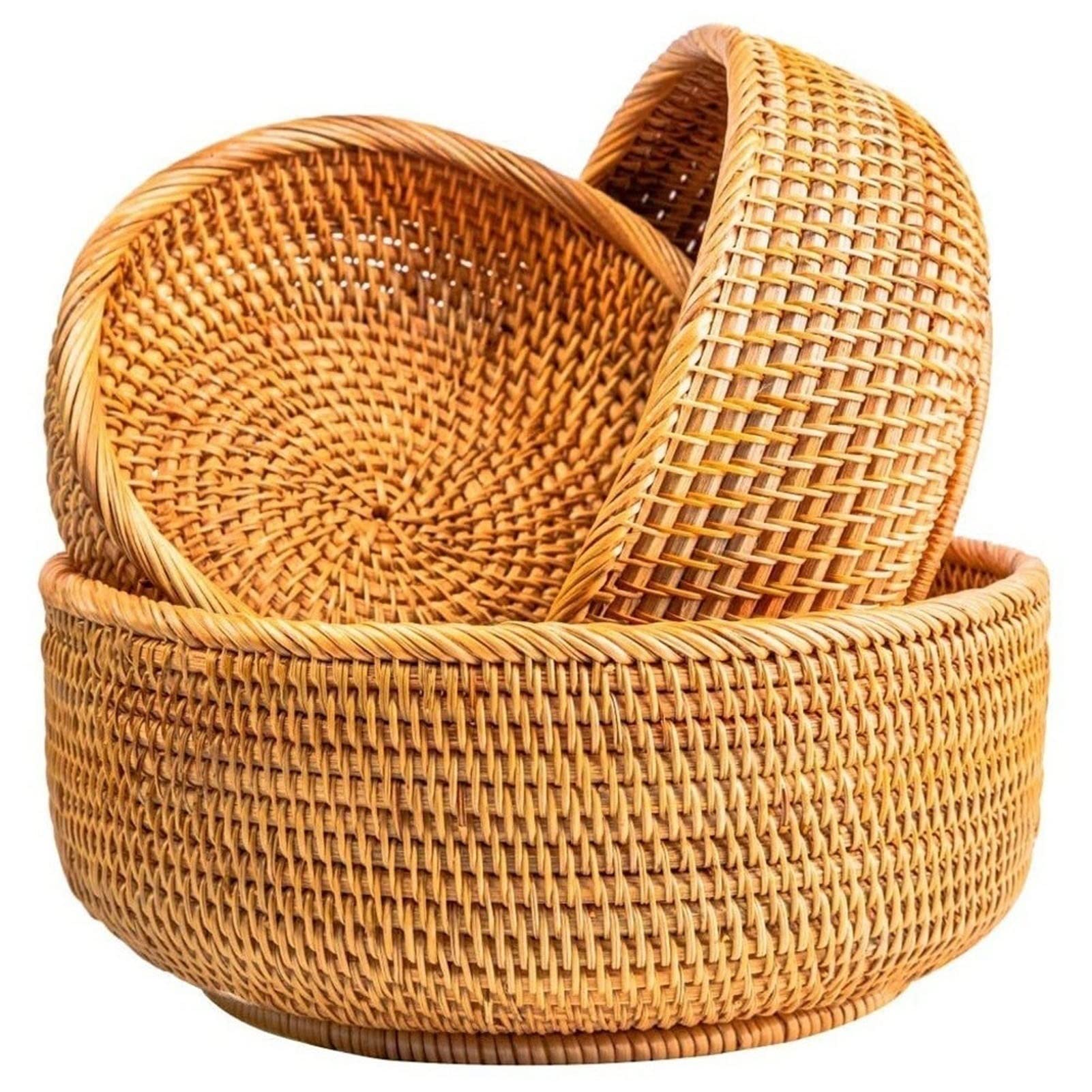 3-Piece Natural Rattan Basket Set - Storage Organizer for Bread, Fruit & Home Decor | Wicker Baskets for Bathroom, Living Room & Kitchen Organization | Eco-Friendly & Stylish Home Decor