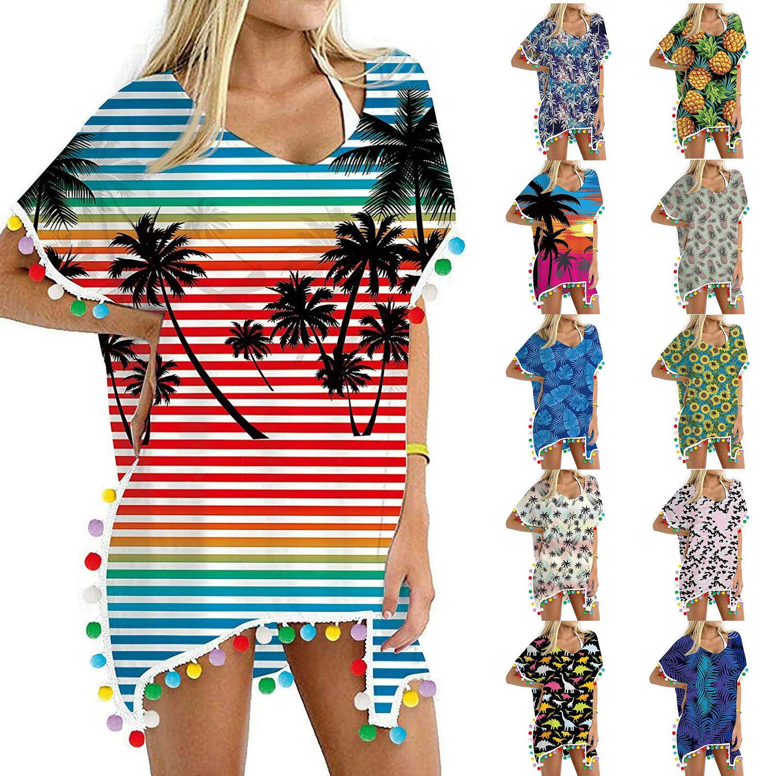 Women's Chiffon Printed Beach Cover Up with Pom Pom Trim - Flowy Kaftan Swimsuit Cover Up with Tassels for Pool, Vacation & Summer Outfits