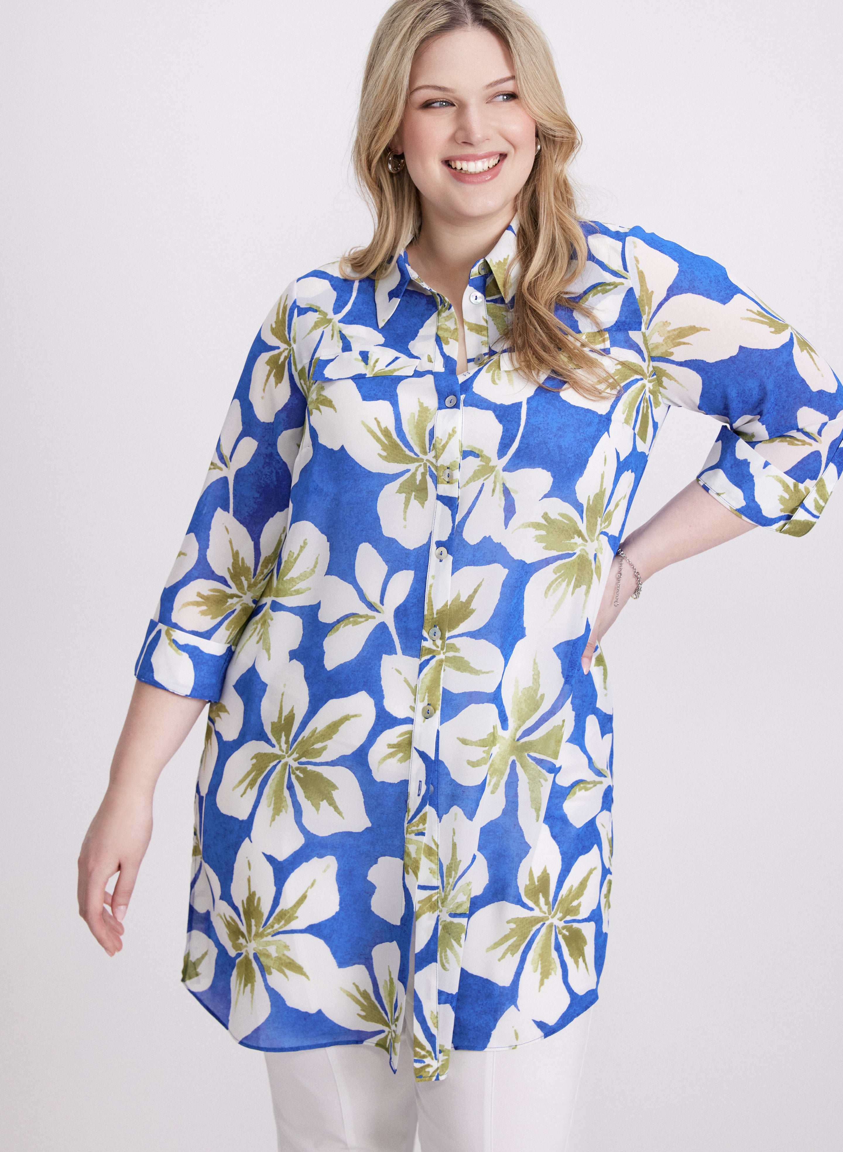Floral Tunic Blouse for Women - Boho Flowy Summer Top with V-Neck & 3/4 Sleeves - Perfect for Beach, Vacation & Casual Outfits