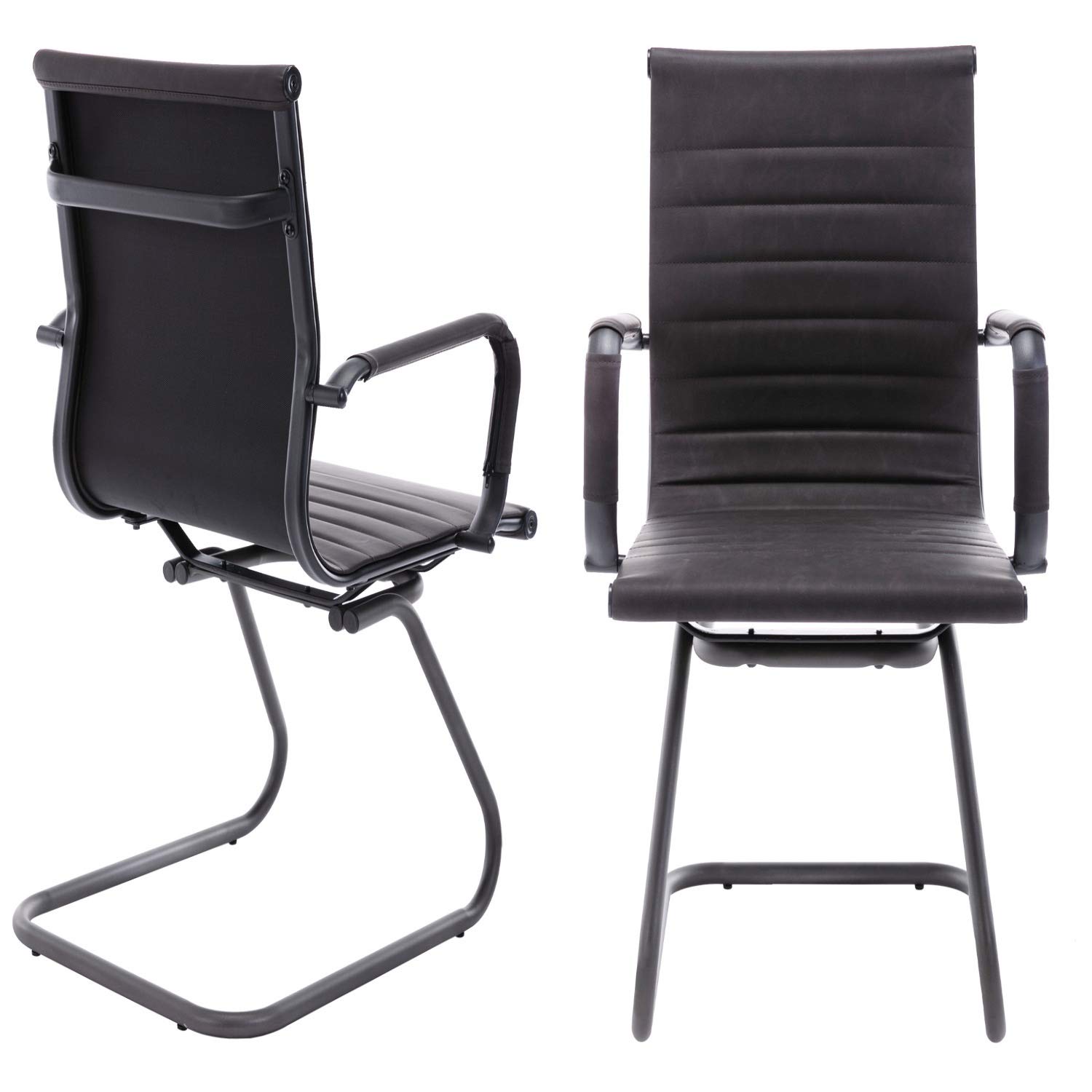 Ergonomic Office Reception Chairs - No Wheels Leather Conference Chairs with Lumbar Support - Set of 2 Guest Chairs in Vintage Charcoal - Perfect for Waiting Areas, Conference Rooms & Home Offices