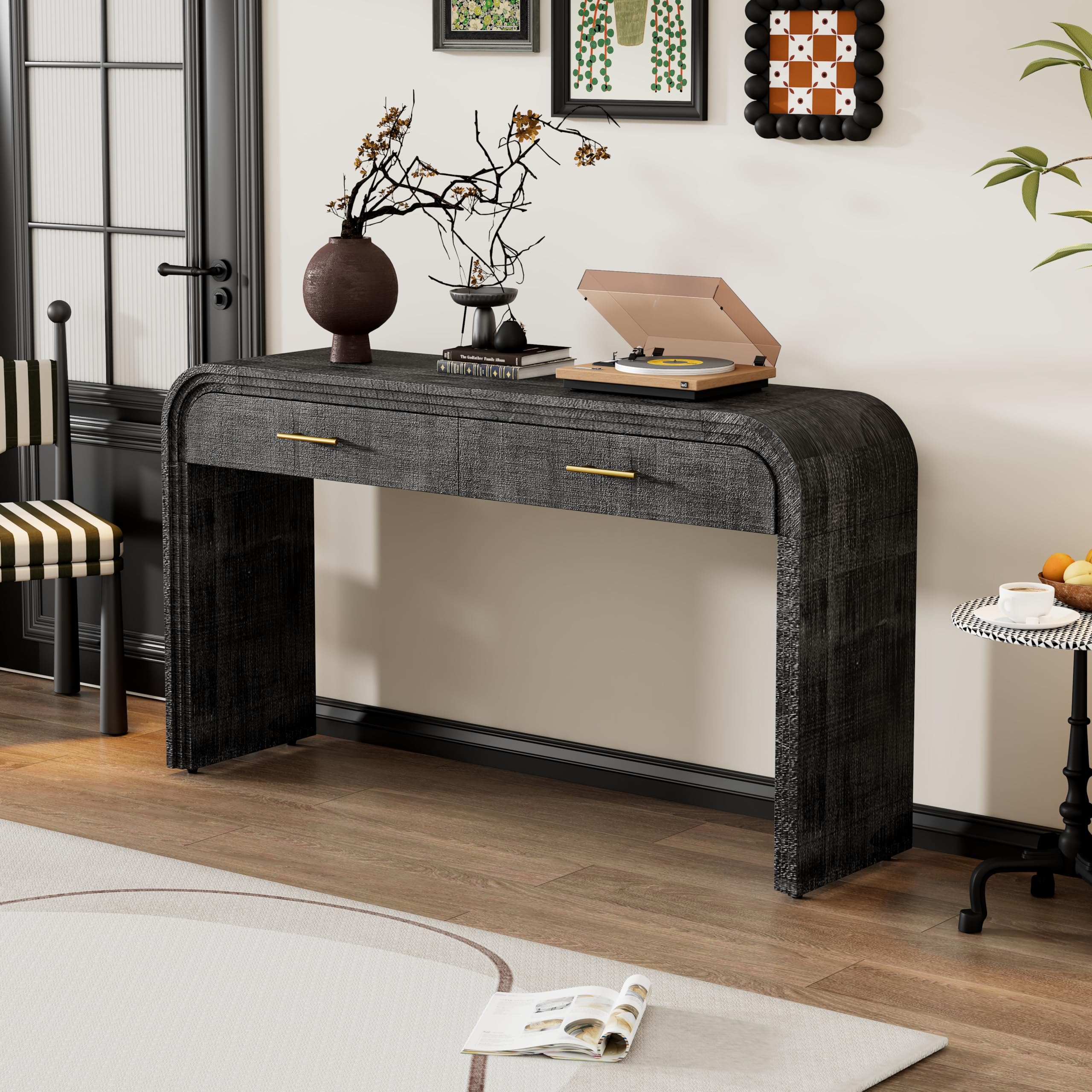 Farmhouse Style Curved Entryway Console Table with 2 Drawers & Open Shelf - Antique Black Sofa Table for Living Room, Hallway & Foyer Decor - Perfect for Small Spaces & Home Entryway Organization