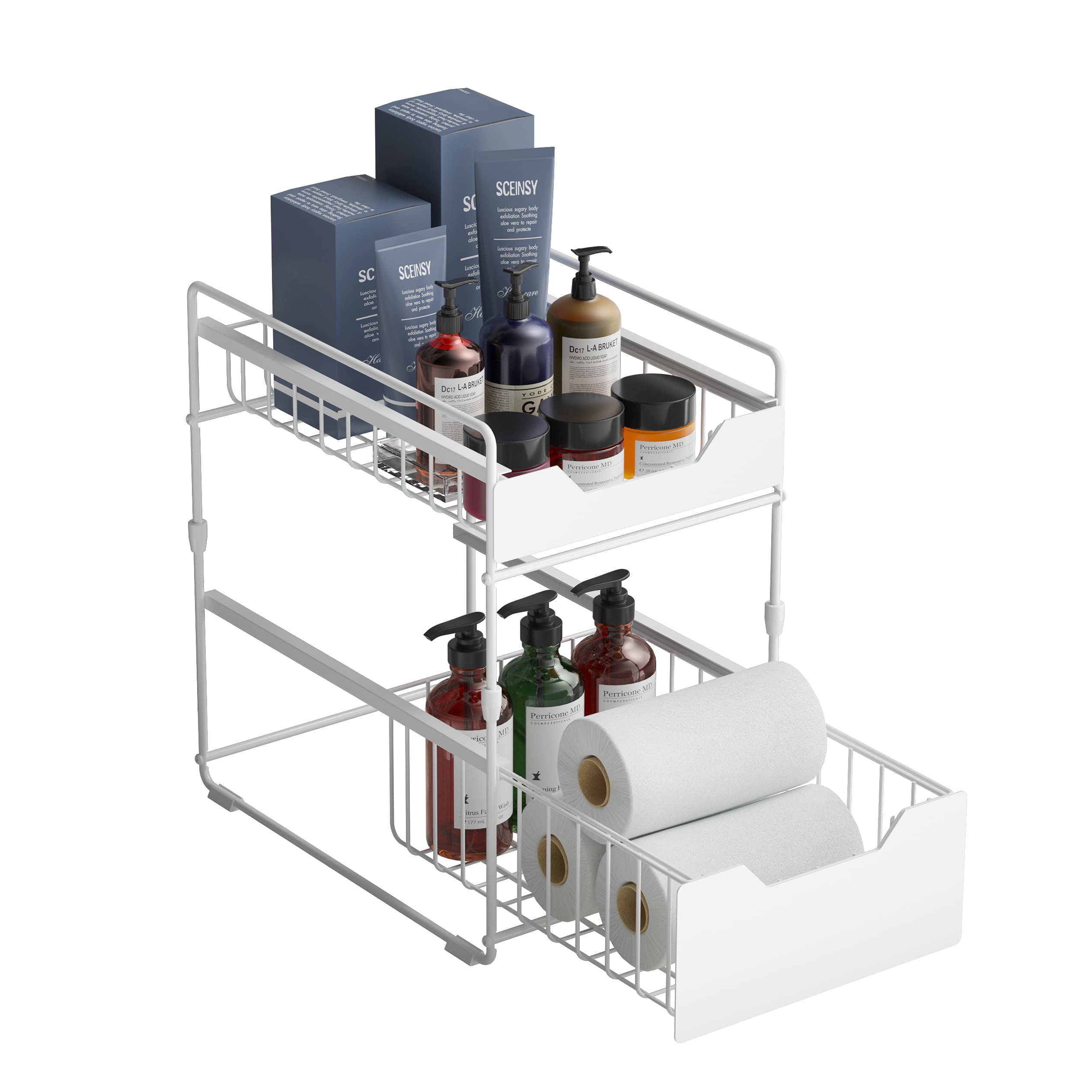 2-Tier Under Sink Organizer with Sliding Drawers - Bathroom & Kitchen Storage Shelf with Toiletries Basket - Rustproof White Cabinet Organizer for Bathroom Vanity, Kitchen Sink, and Laundry Room Storage
