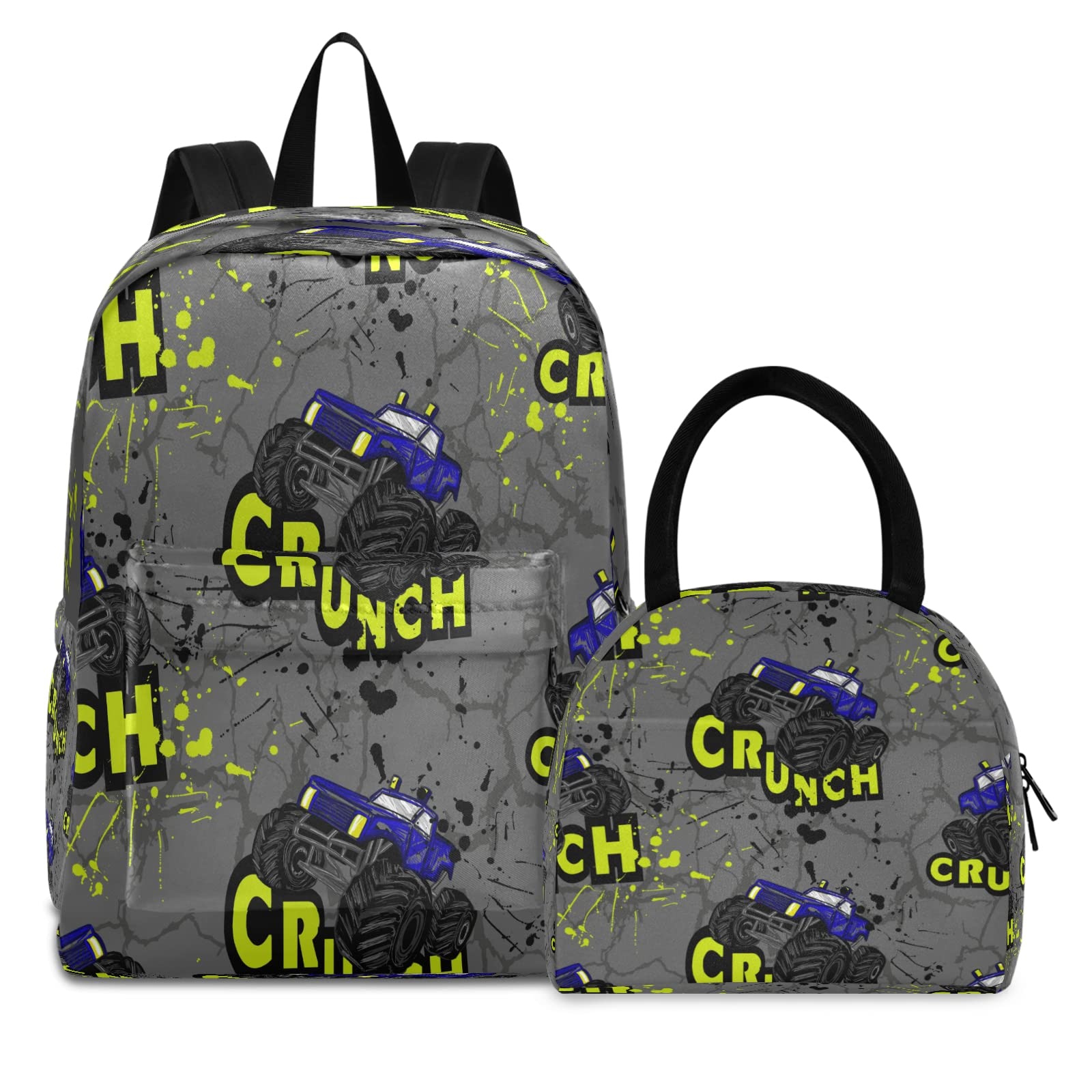 Monster Truck Backpack and Lunch Box Set for Teens - Lightweight School Backpack for Boys & Girls - Durable Travel Backpack for School, Camping, Sports & Daily Use