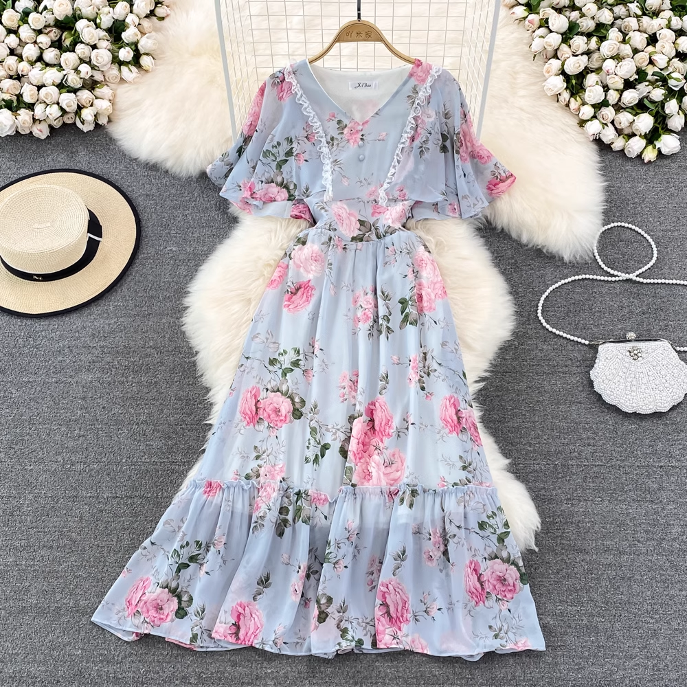 Elegant Fairy High Waist V-Neck Ruffled Chiffon Floral Maxi Dress for Women - Perfect for Summer Weddings, Garden Parties & Romantic Dates