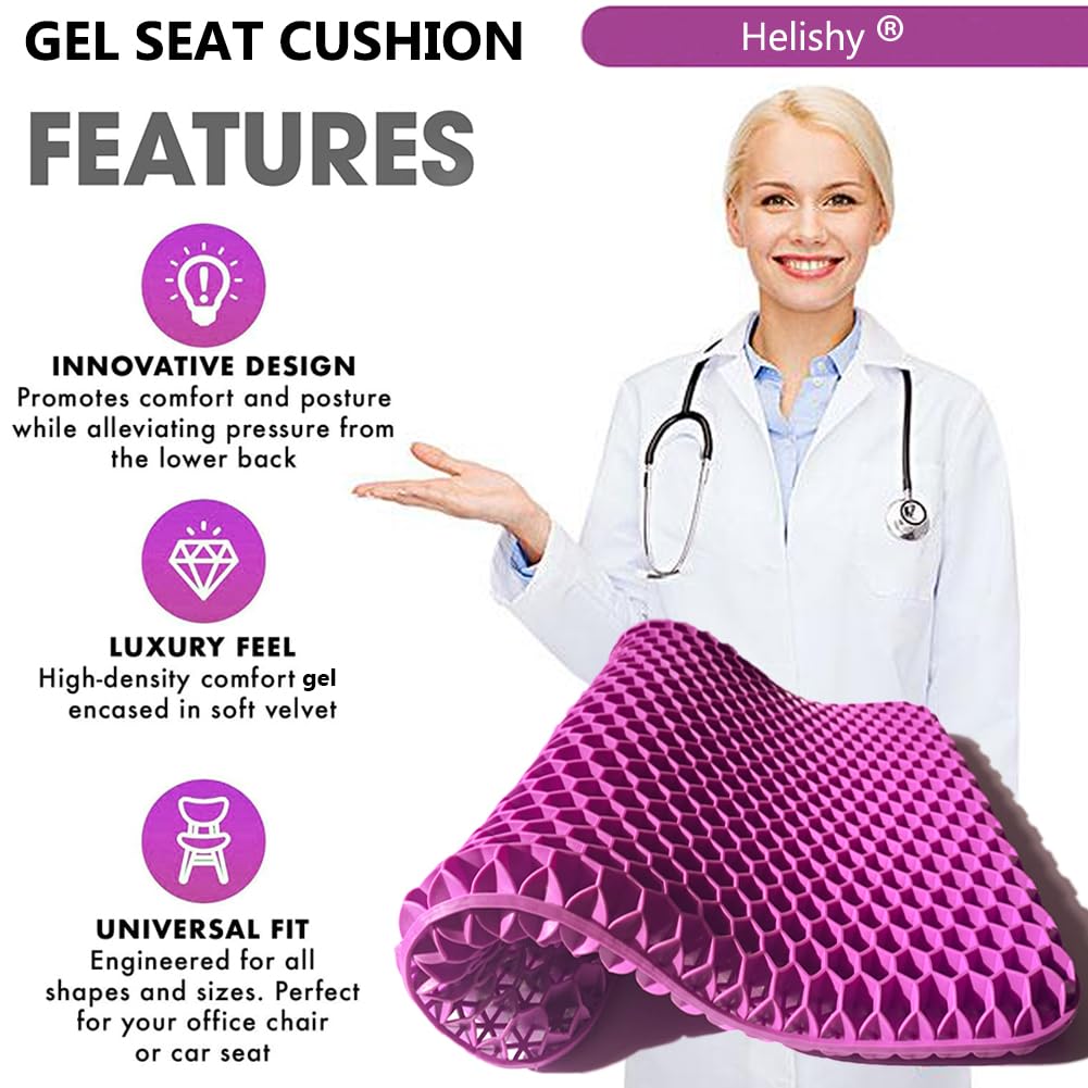 Premium Gel Seat Cushion for Tailbone & Sciatica Pain Relief - Non-Slip Memory Foam Chair Pad with Breathable Cover for Office, Home, Car & Wheelchair - Ergonomic Support for Back Pain (Standard, Violet) - Perfect for Long Sitting Sessions at Work, Driving or Post-Surgery Recovery