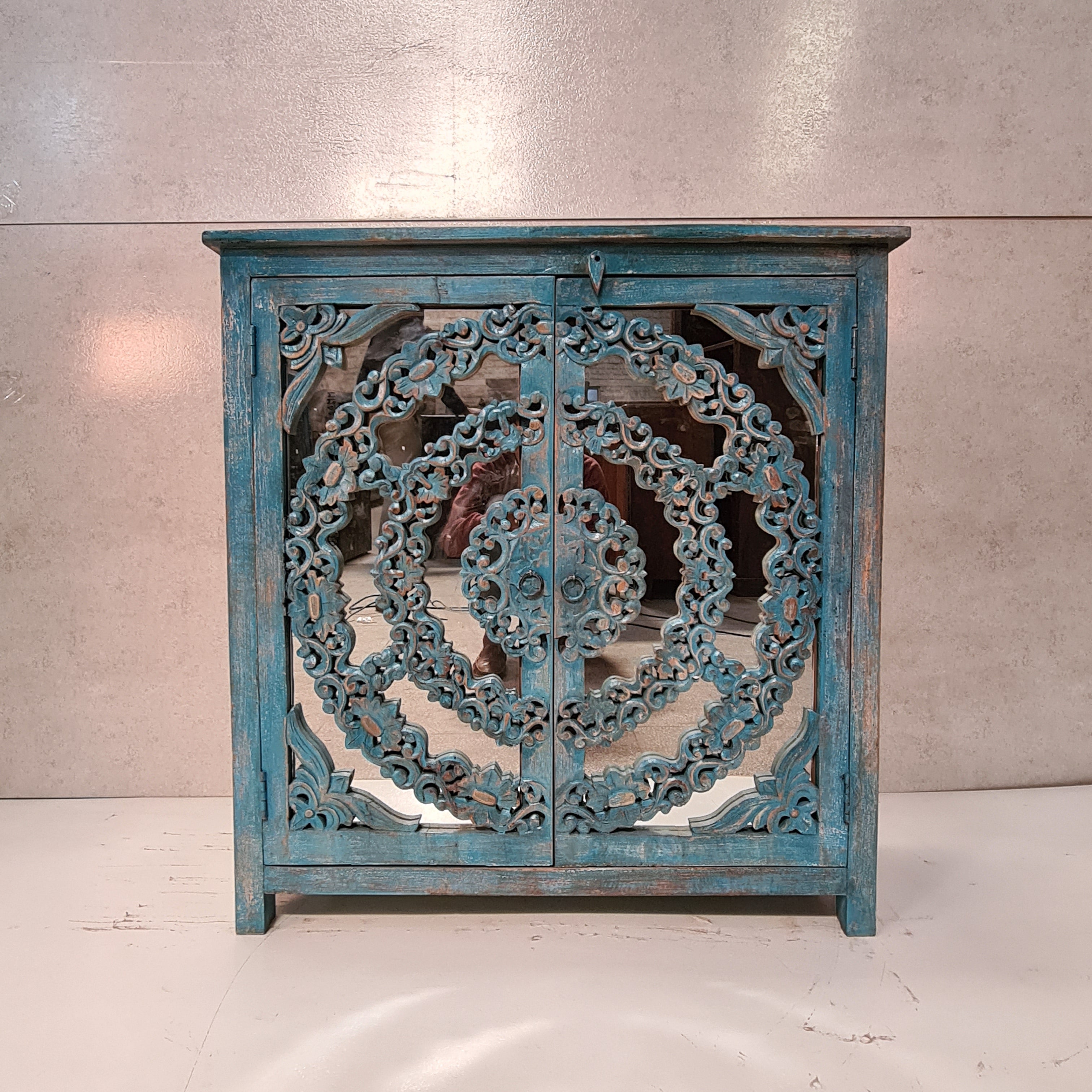 Handcrafted Indian Solid Hardwood Cabinet with Carved 2 Mirror Doors - Blue, 94x40x97cm - Perfect for Bedroom Storage, Living Room Decor & Traditional Home Furnishings