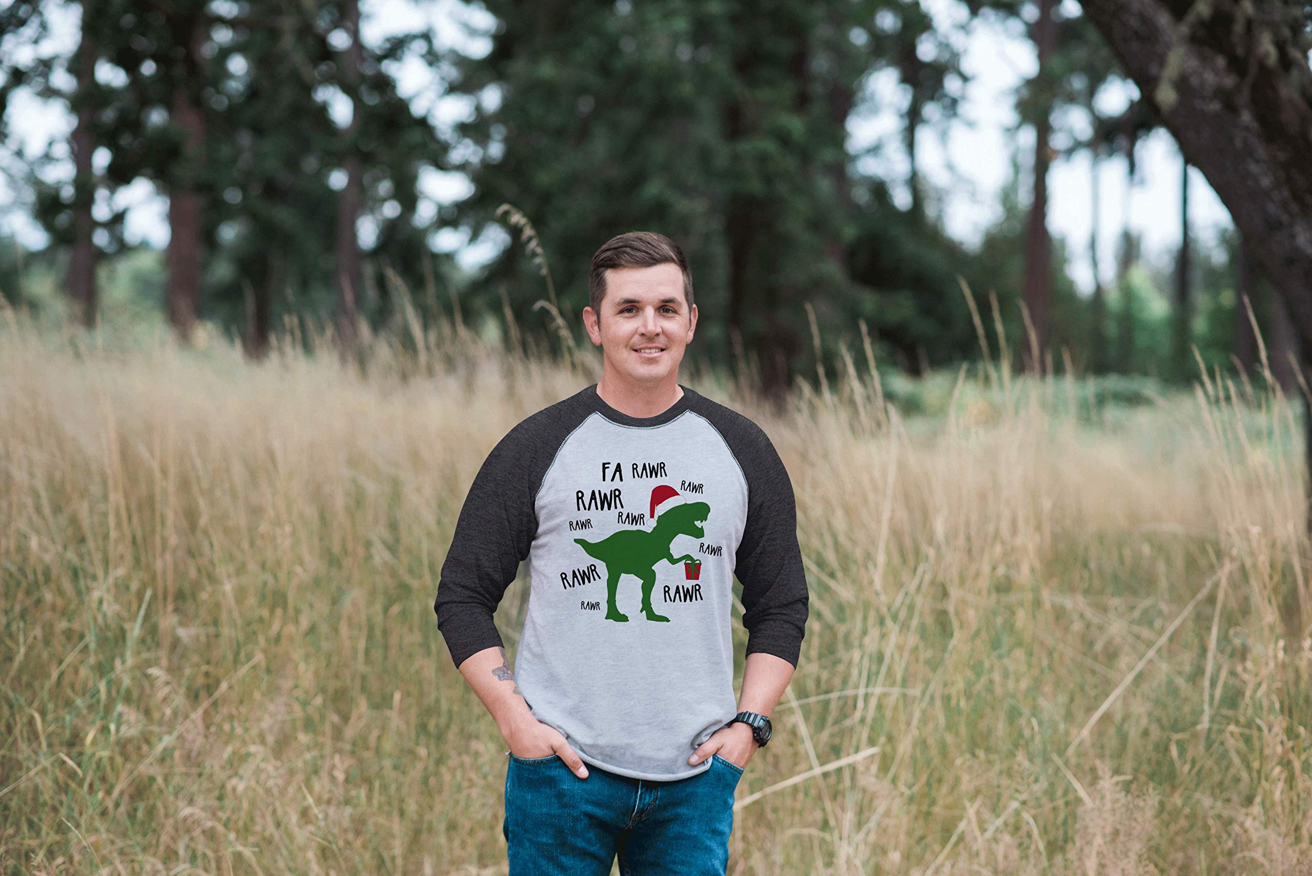 7 ate 9 Apparel Men's Dinosaur Print Christmas Long Sleeve Raglan Shirt - Funny Holiday Gift for Dino Lovers, Ugly Sweater Party & Festive Family Gatherings