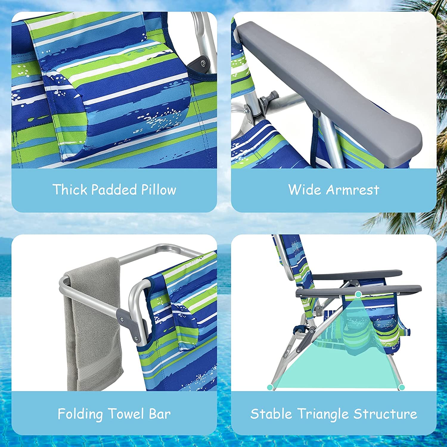 Goplus Folding Beach Chair for Adults - 5 Position Adjustable with Head Pillow, Cooler Bag, Towel Bar & Cup Holders - Portable Backpack Design for Sunbathing, Tanning, Camping & Outdoor Relaxation