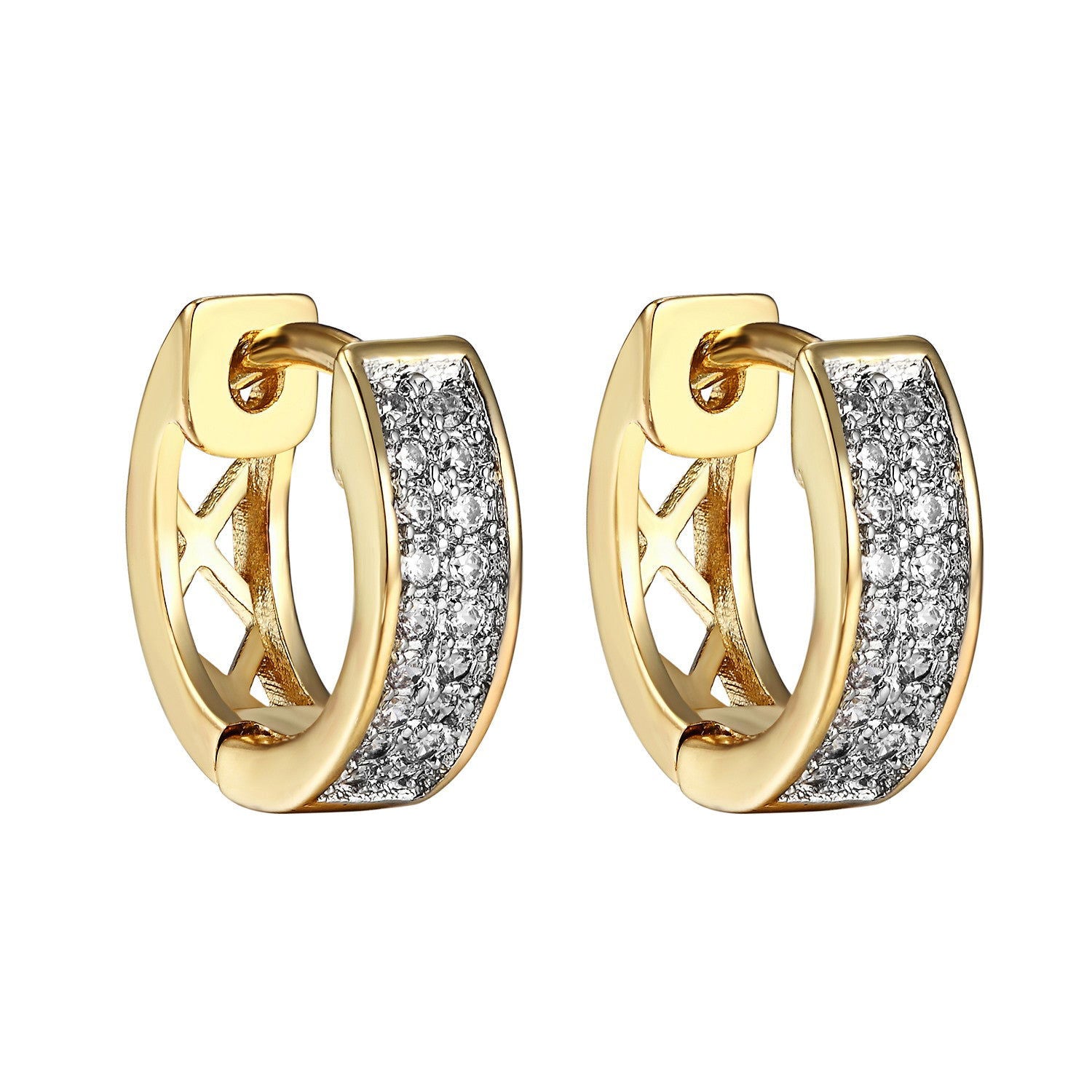 14K Gold Finish Hoop Huggie Earrings with Simulated Diamonds - Clip On Pave Design for Men & Women - Perfect for Parties, Weddings and Everyday Wear