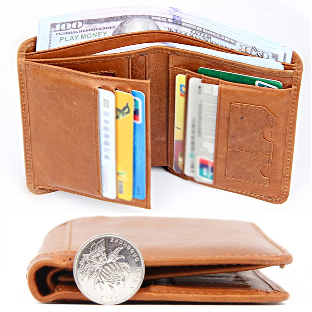 Men's Genuine Leather RFID Blocking Trifold Wallet with Coin Pocket - Viking Tree of Life Design, Brown | Slim Bifold Credit Card Holder for Everyday Carry & Travel