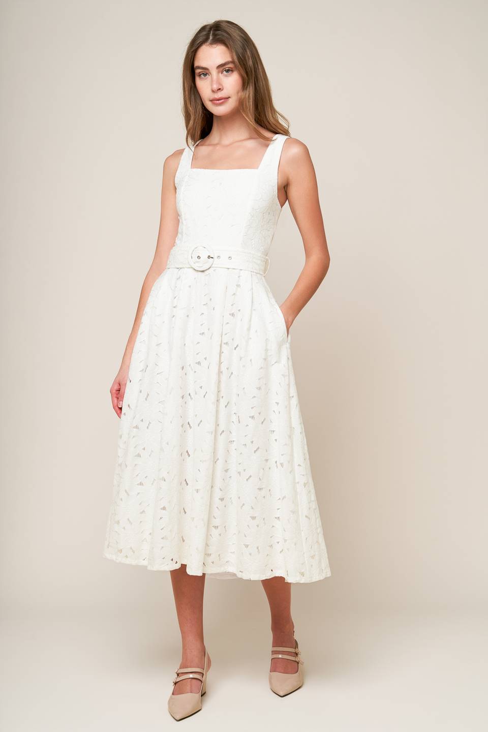 DAFFODILS & DAYDREAMS Woven Lace Midi Dress - Elegant Floral Summer Dress for Women, Perfect for Garden Parties, Weddings & Date Nights