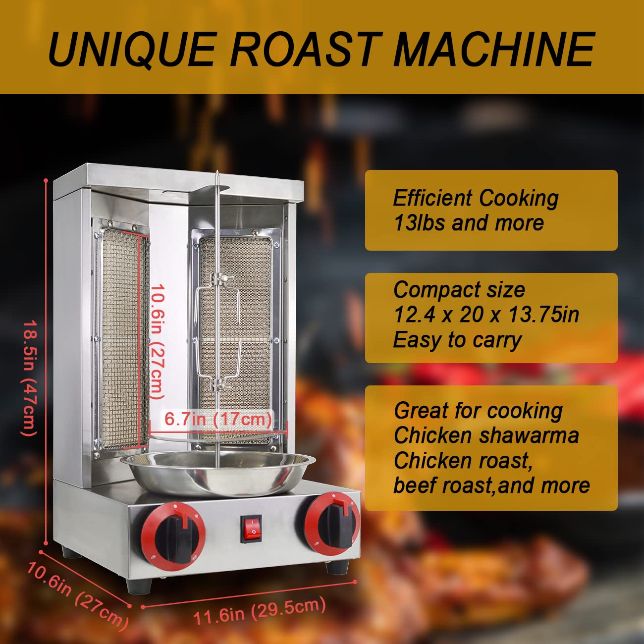 Li Bai Commercial Shawarma Machine - 110V Doner Kebab Grill with 2 Burners, Stainless Steel Vertical Rotisserie Broiler for Gyro, Chicken & Meat - Perfect for Restaurants, Food Trucks & Home Kitchens (Propane Gas Powered)