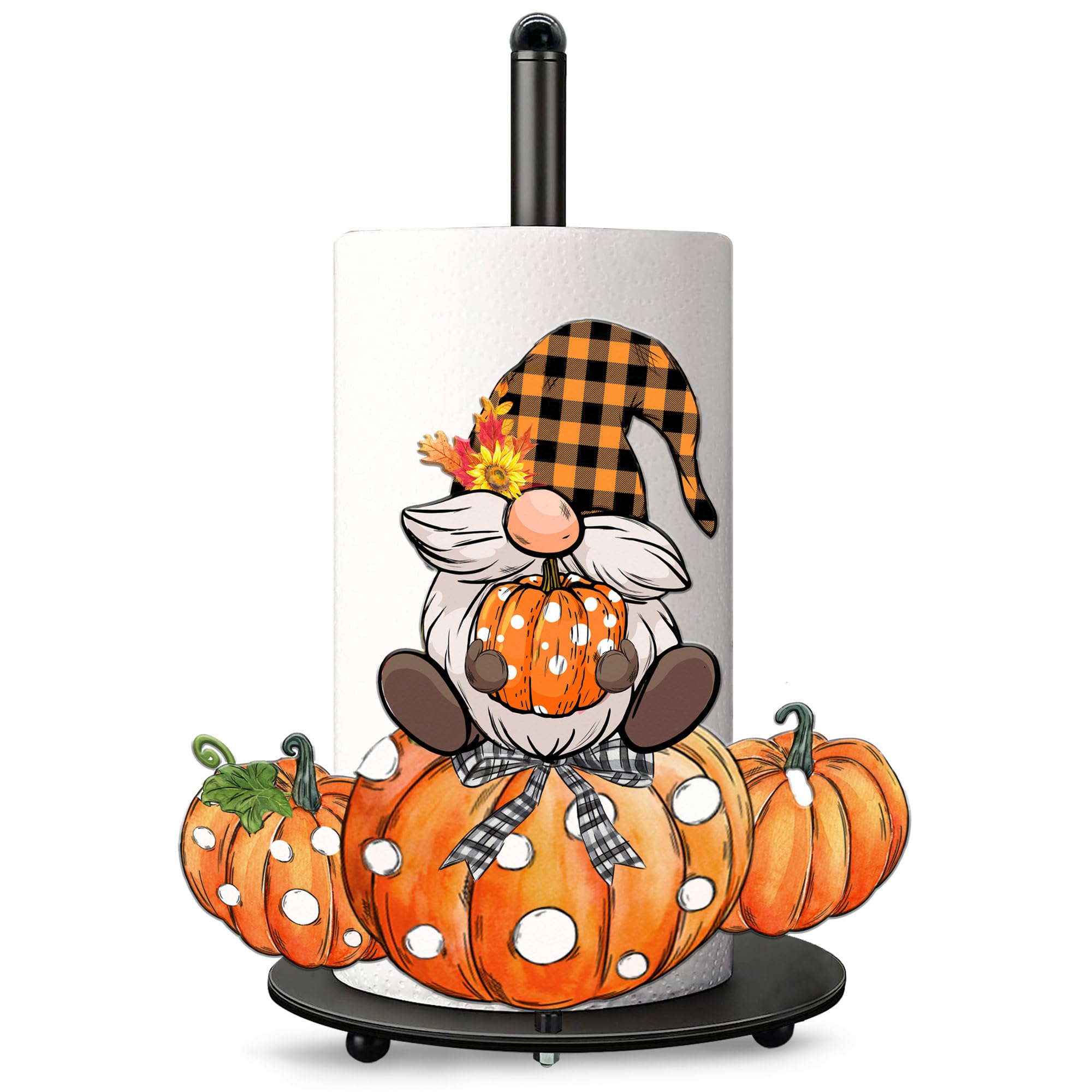 HexaGram Fall Paper Towel Holder - Rustic Farmhouse Kitchen Decor with Pumpkins & Gnomes, Large Countertop Towel Stand (13.4