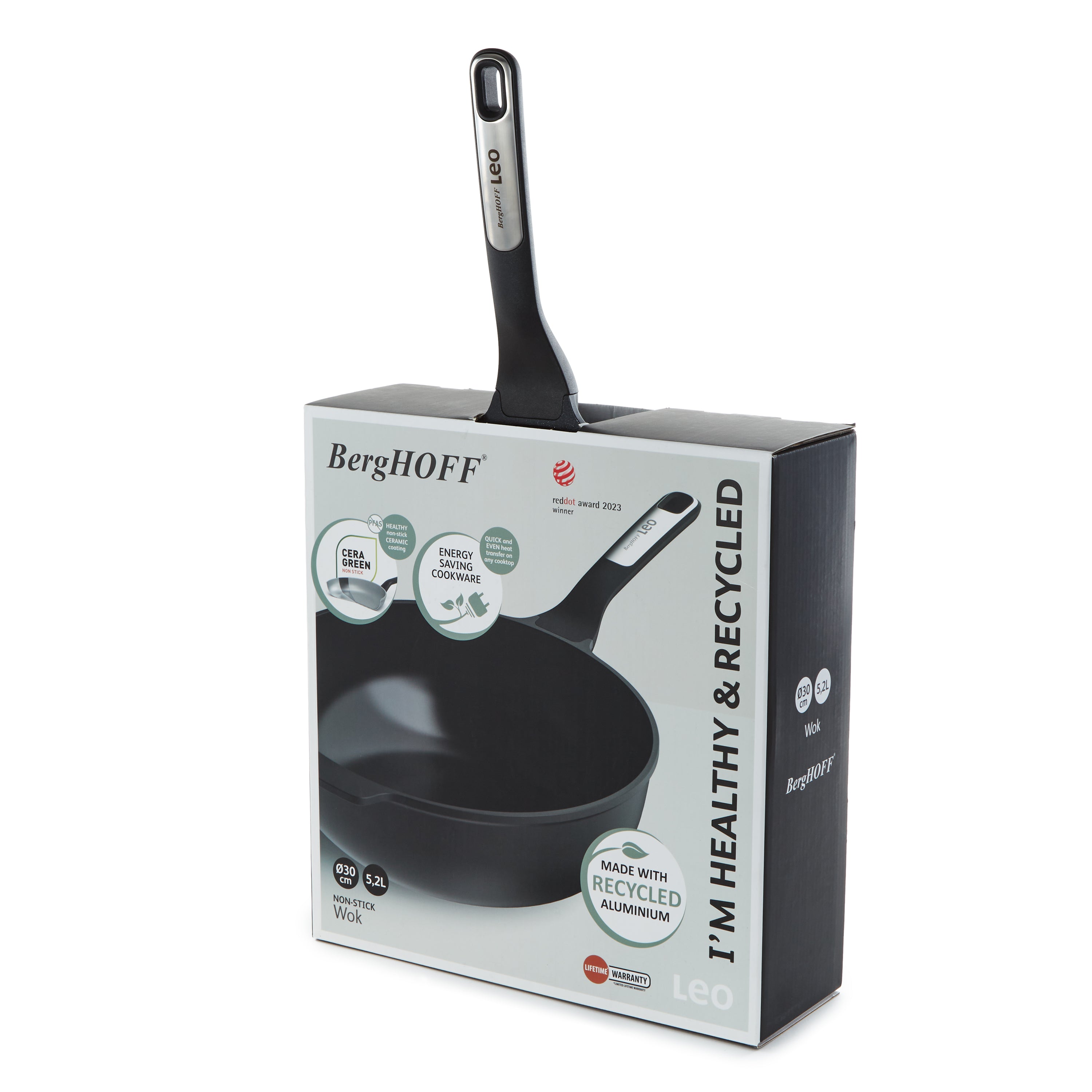 BergHOFF Leo Phantom Nonstick Ceramic 12-Inch Wok Pan 5.3 Quart, Recycled Aluminum Cookware - Perfect for Stir-Frying, Sauteing & Asian Cuisine Cooking