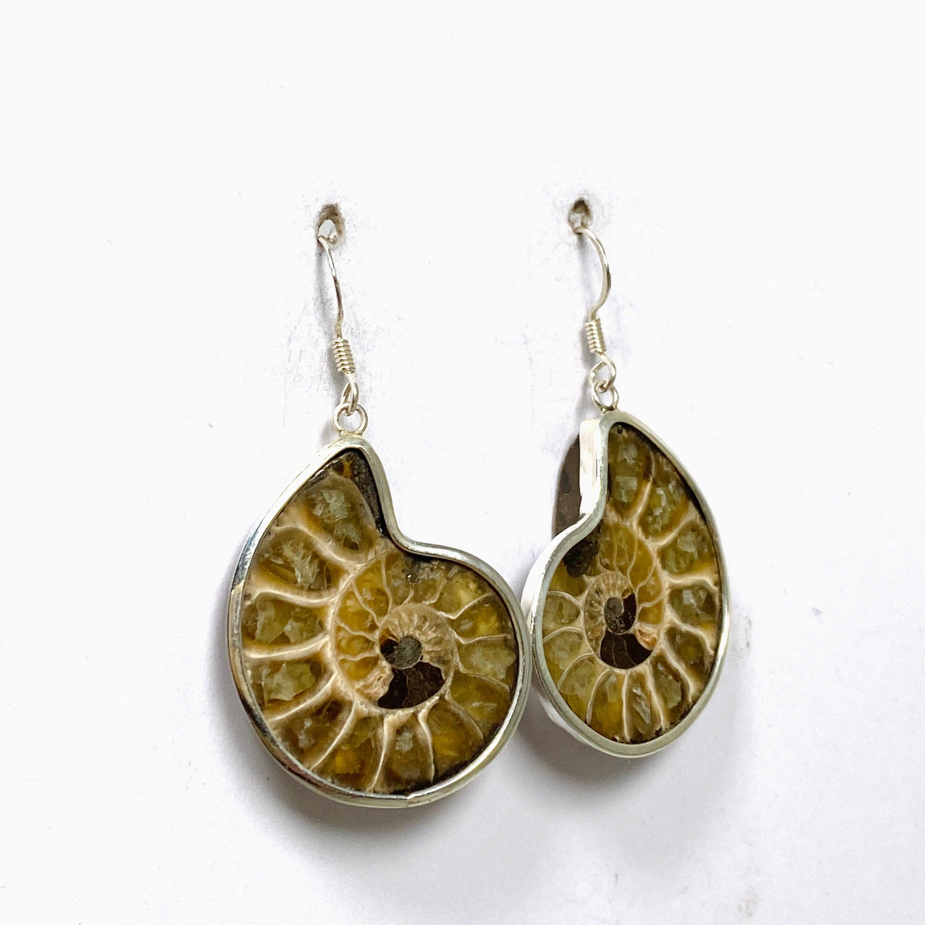 Natural Ammonite Fossil Shell Earrings E2620 MED - Elegant Dangle Jewelry for Women, Perfect for Parties, Weddings & Everyday Wear