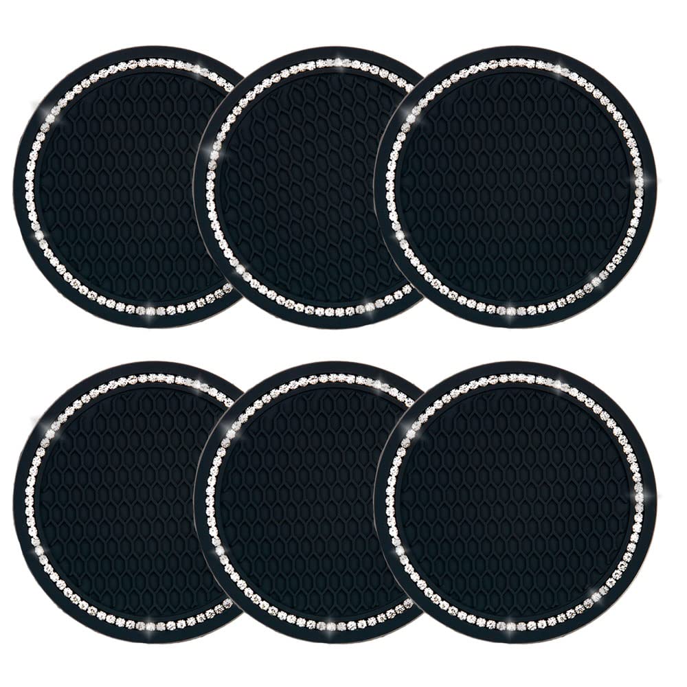 6 PCS Bling Car Cup Coasters - 2.75 Inch Crystal Rhinestone Non-Slip Silicone Drink Holders for Cars (Black) | Luxury Car Interior Accessories for Coffee, Soda & Water Cups