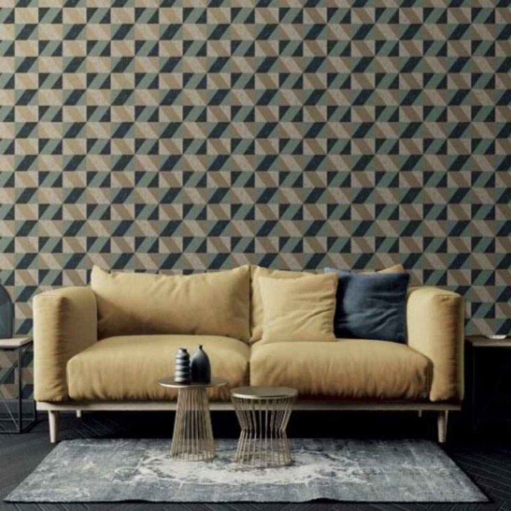 Fine Decor 2896-25310 Cerium Blue Concrete Geometric Wallpaper - Modern Peel and Stick Wallpaper for Living Room, Bedroom, Office & Home Decor