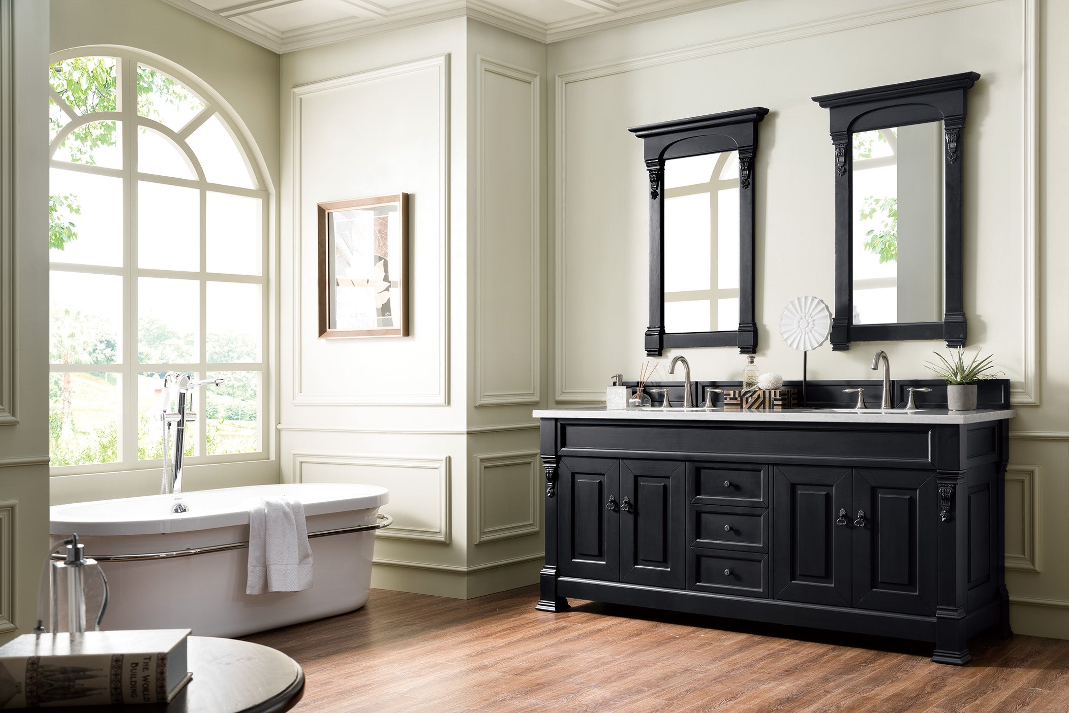 Brookfield 72 Inch Double Bathroom Vanity with Antique Black Finish & 3CM Arctic Fall Solid Surface Top - Perfect for Master Bathrooms and Modern Home Renovations