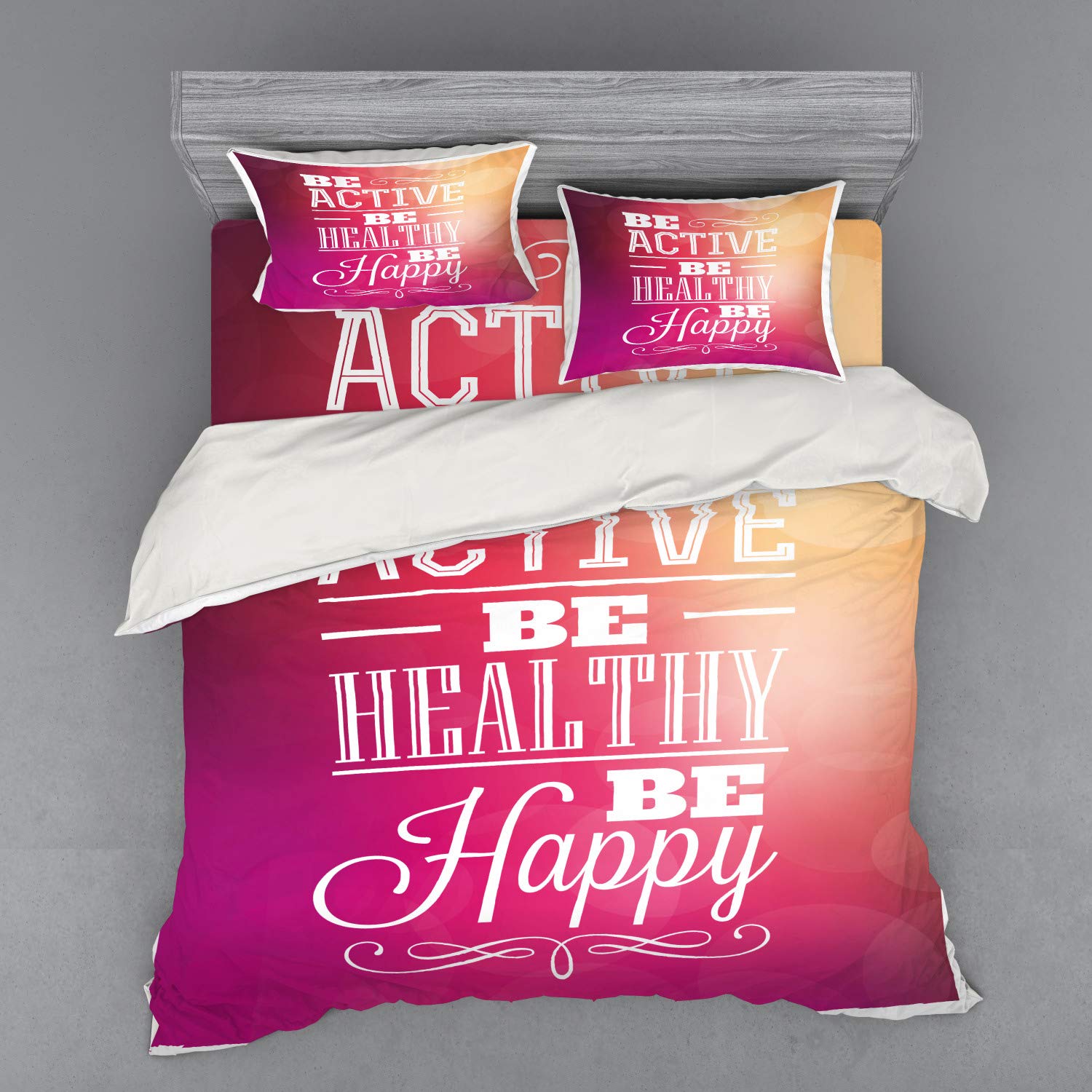 Ambesonne Fitness Duvet Cover Set - 'Be Active Be Happy' Typographic Design on Ombre Background, 3-Piece King Size Bedding Set with Pillow Sham & Fitted Sheet in Fuchsia White Peach | Perfect for Gym Enthusiasts & Motivational Home Decor