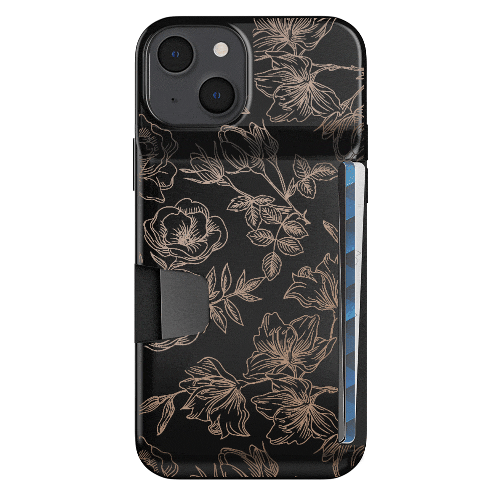Floral Rose Gold iPhone Wallet Case - Slim Protective Phone Cover with Card Holder for iPhone 13/14/15 - Perfect for Everyday Use, Travel & Shopping