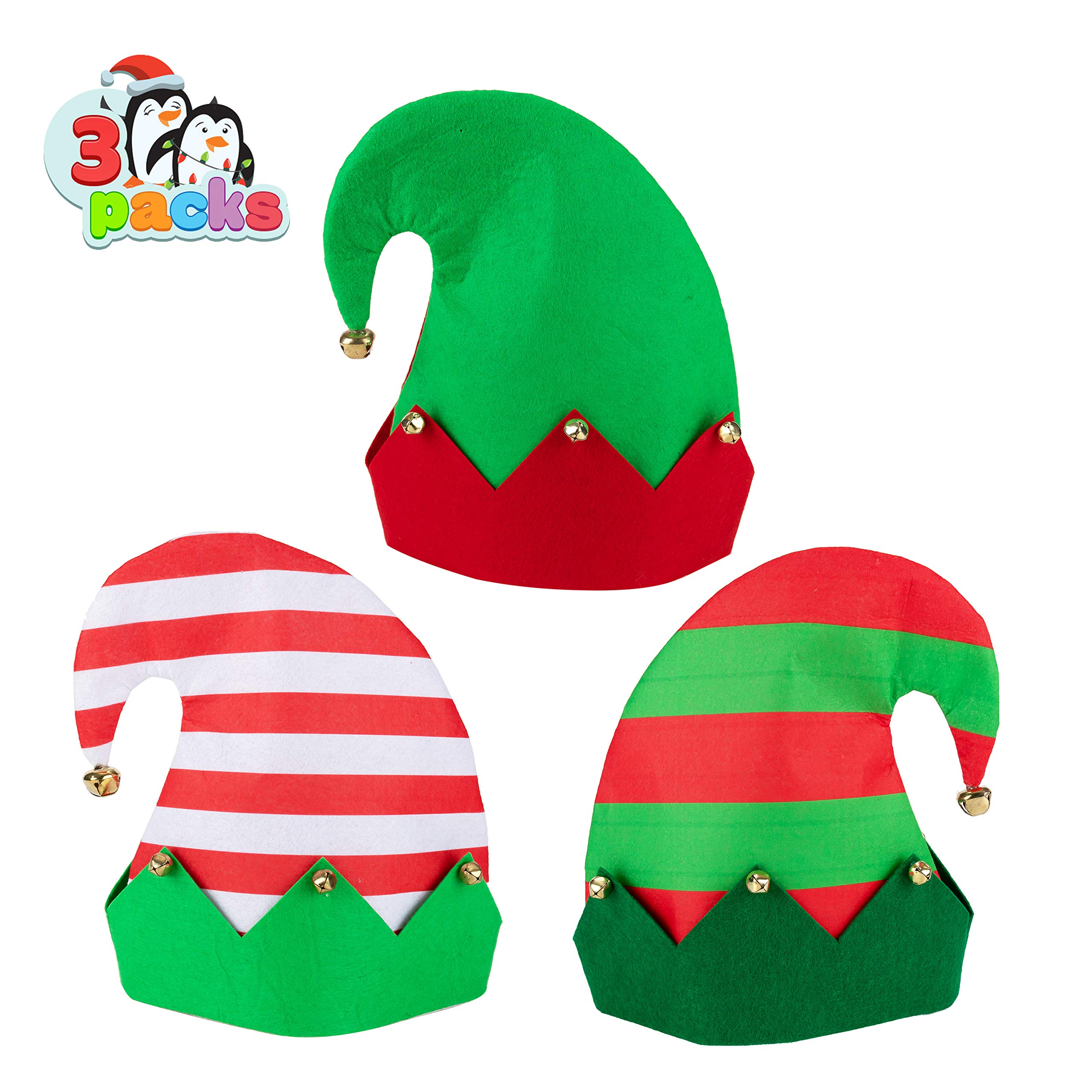 JOYIN 3 Pack Christmas Elf Hats with Jingle Bells - Festive Unisex Holiday Party Hats for Kids & Adults - Funny Xmas Costume Accessories for Holiday Parties, Family Gatherings & Christmas Photo Booths