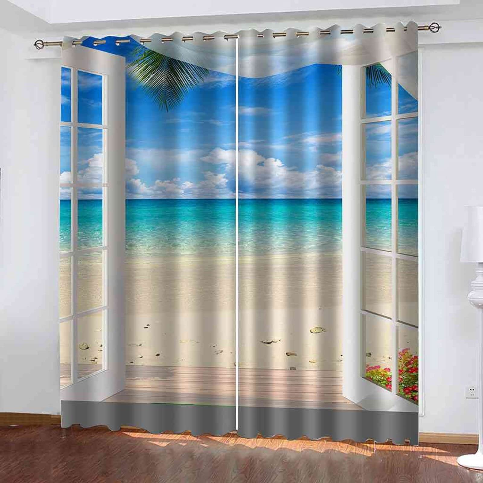 Modern 3D Printed Beach Seascape Blackout Curtains - Blue Ocean Landscape Thermal Insulated Window Drapes with Grommet Top, Soundproof & Energy Efficient for Living Room, Bedroom & Office (104