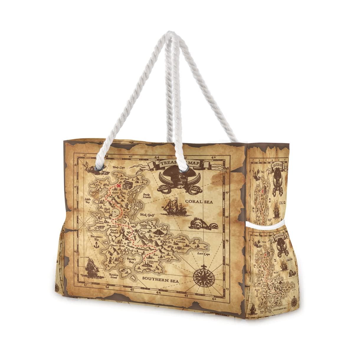 Pirate Treasure Map Beach Tote Bag - Reusable Grocery Shopping & Laundry Carry Bag for Women - Perfect for Beach Trips, Shopping & Travel Accessories