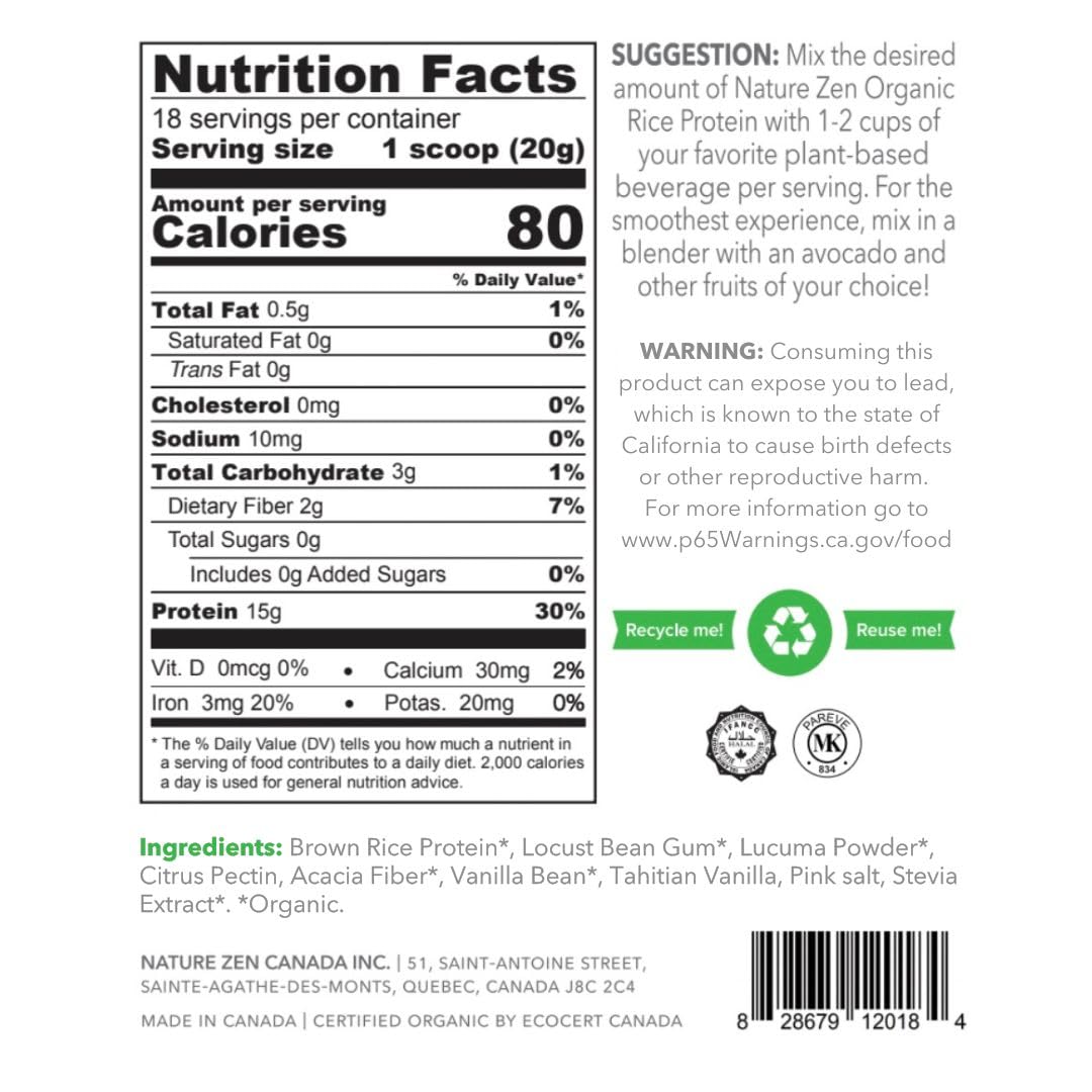 Organic Vegan Protein Powder - Nature Zen Rice Protein, Sugar-Free, Dairy-Free, Soy-Free, Gluten-Free, Non-GMO, Kosher, High Fiber (0.8LB, Tahitian Vanilla) | Perfect for Smoothies, Baking & Post-Workout Recovery