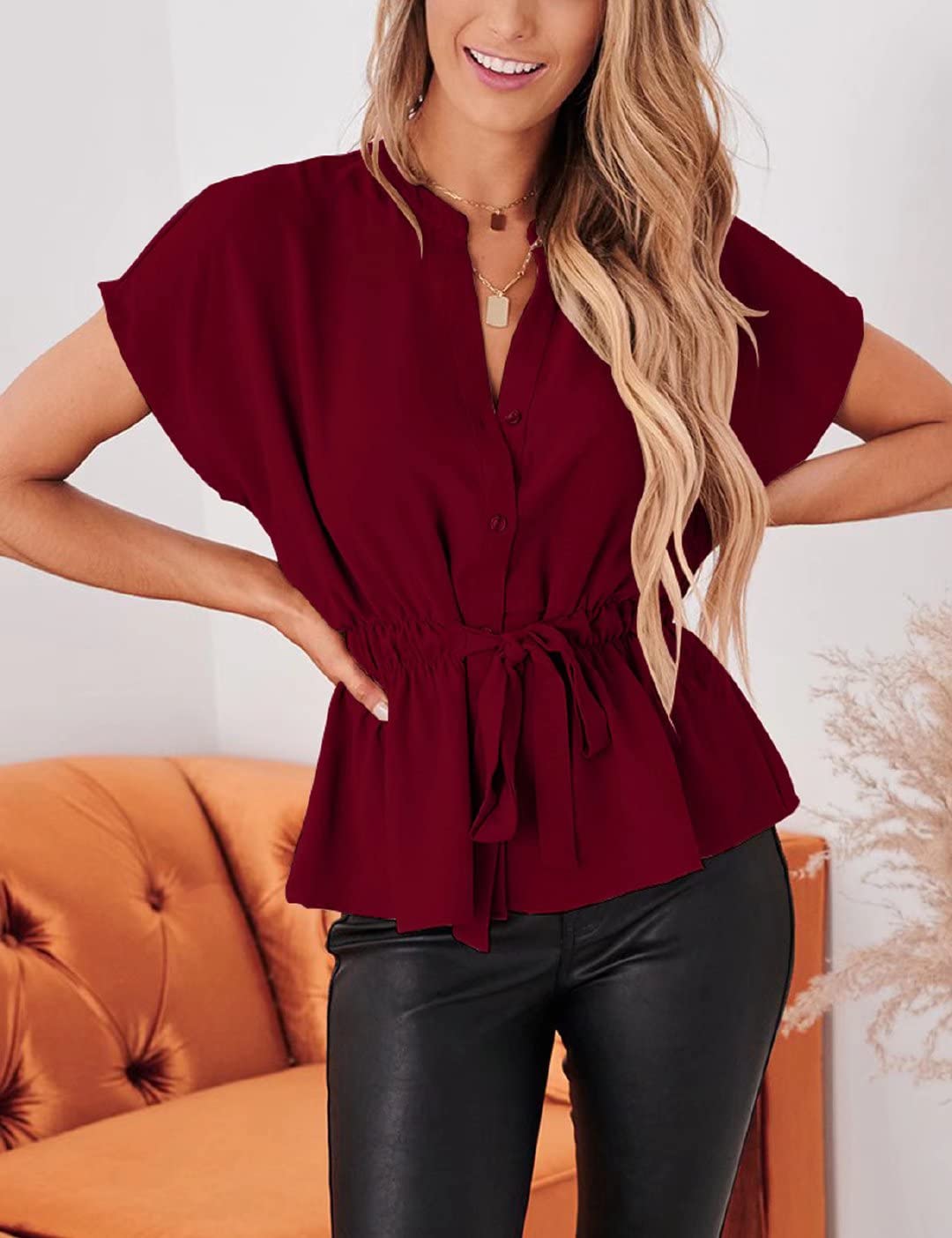Women's Casual Peplum Button Down Blouse - Chiffon Summer Work Top for Office, Date Night & Business Meetings | Elegant Dressy Tops for Women