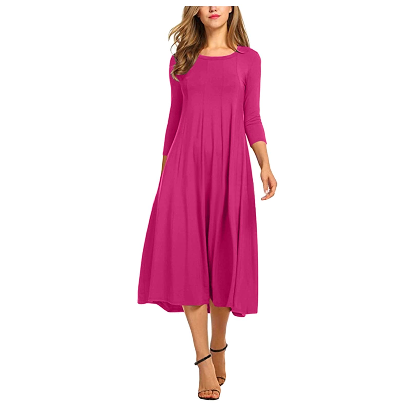 Women's Casual Midi Color Dress - Long Sleeve Swing Dress with Round Neck Solid Color Mid-Calf Length | Perfect for Office Wear, Date Nights & Spring/Summer Outfits