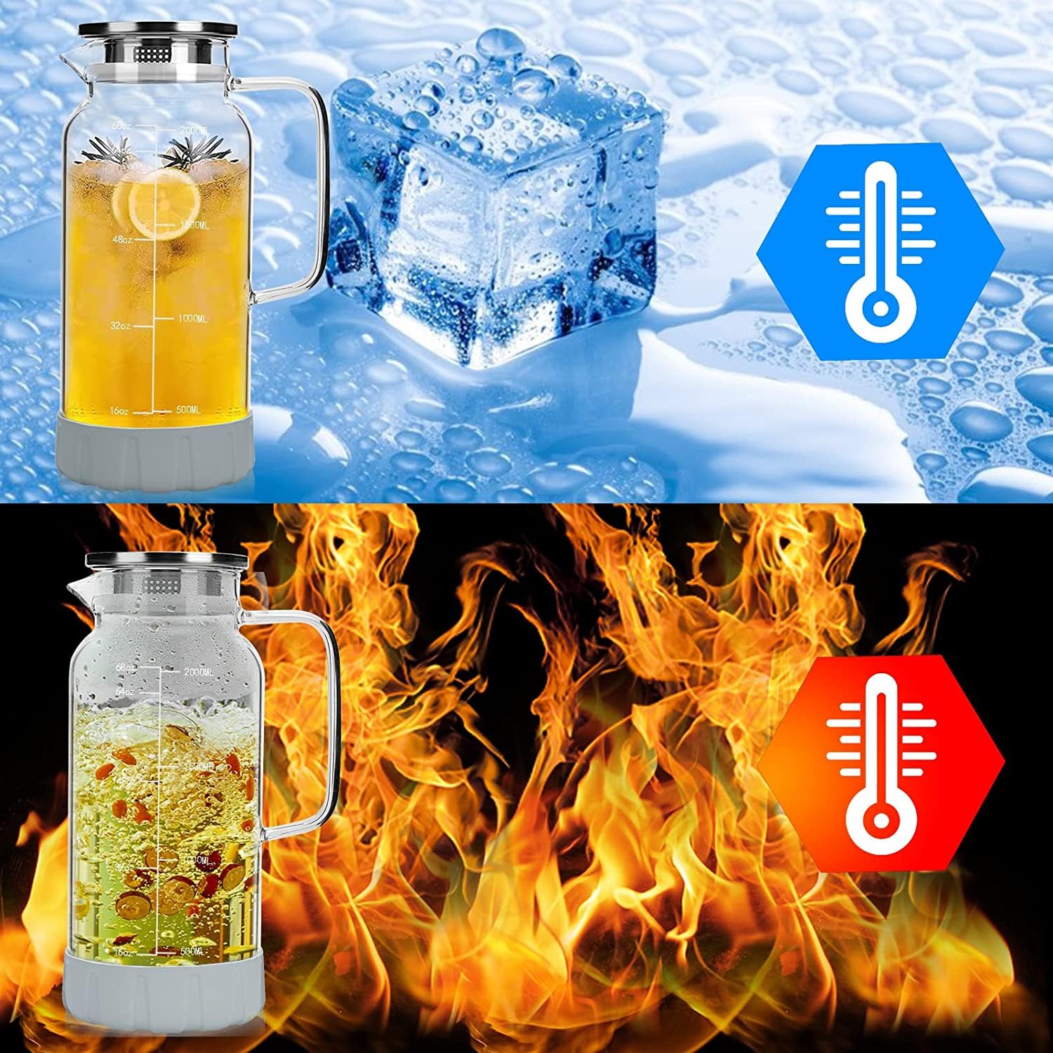 68oz/2000ml Glass Pitcher with Lid & Measurement Markings - Large Tea & Water Jug with Non-Slip Coaster - Perfect for Iced Tea, Lemonade, Infused Water & Kitchen Serving