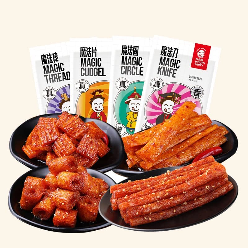 Spicy Strips Gift Bag - Handmade Chinese Web Celebrity La Tiao Snacks, Nostalgic Spicy Strips, 4 Mix & Match Flavors (10 Bags) - Perfect for Parties, Gifts & Late-Night Snacking