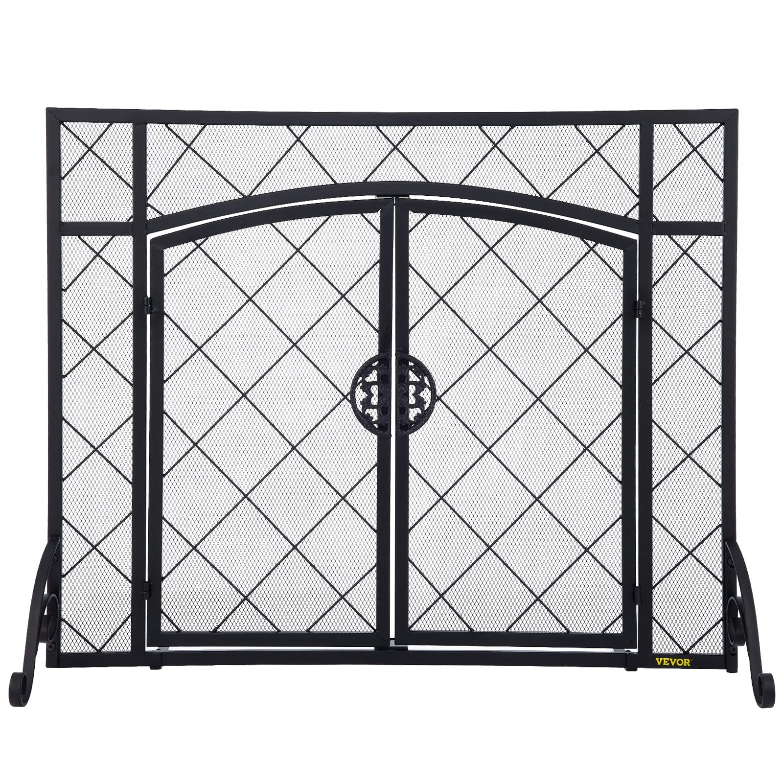 VEVOR 39 x 31.5 Inch Fireplace Screen with Double Doors - Heavy Duty Iron Spark Guard, Freestanding Design with Metal Mesh & Fireplace Tool Set (Broom, Tong, Shovel, Poker) - Black for Home Fireplace Safety and Decoration - Perfect for Living Rooms, Patios, and Outdoor Fire Pits
