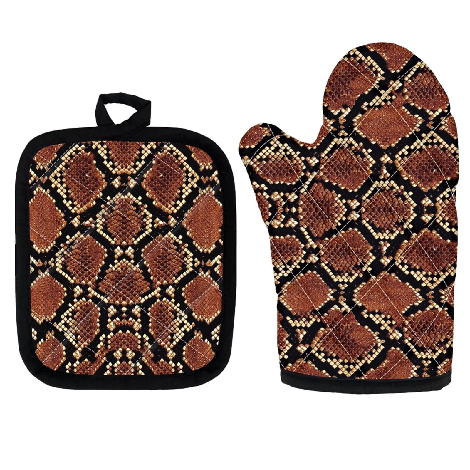 Brown Snake Pattern Heat Resistant Oven Mitts & Pot Holders Set - Non-Slip Kitchen Gloves for Cooking, Baking, Grilling, BBQ - Microwave Safe Insulation Mats for Hot Pads & Baking Protection