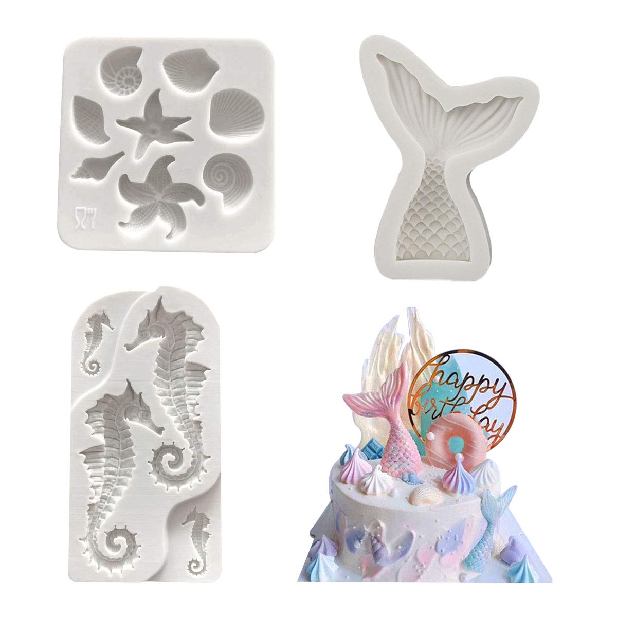 LGEGE 3-Piece Silicone Mermaid Tail Mold Set - Shell & Hippocampus Chocolate Candy Molds for Cake Decorating, Soap Making, Jelly, Clay & DIY Crafts - Perfect for Birthday Parties, Ocean-Themed Desserts & Gift Making