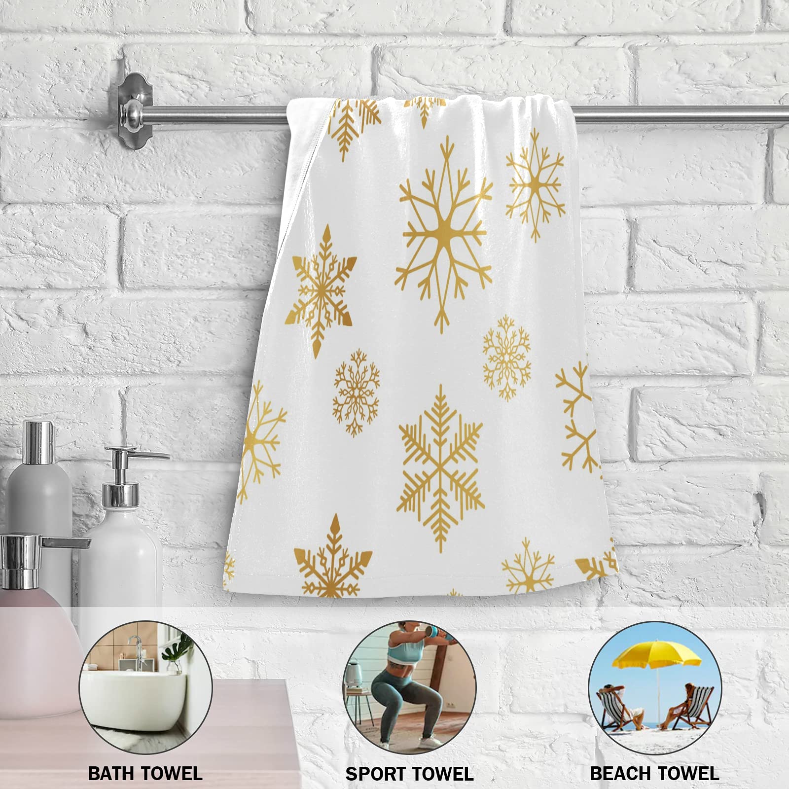 Golden Snowflake Christmas Hand Towels Set of 2 - 14x28 Inch Soft Bathroom & Kitchen Towels for Guest Face, Tea Dish - Holiday Home Decor & Winter Party Essentials