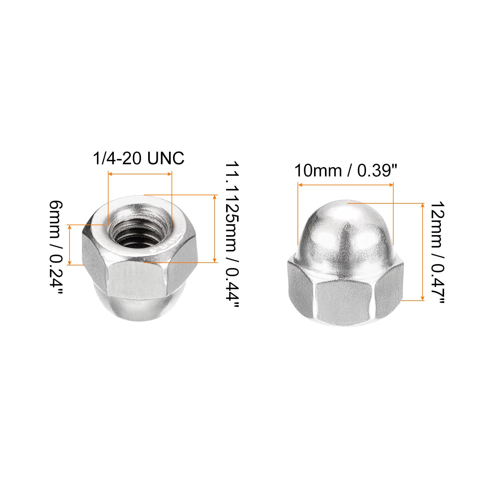 uxcell 100pcs 1/4-20 Acorn Cap Nuts, 304 Stainless Steel Hex Dome Head Nuts for Fasteners - Silver | Ideal for Furniture Assembly, Automotive Repair & DIY Projects