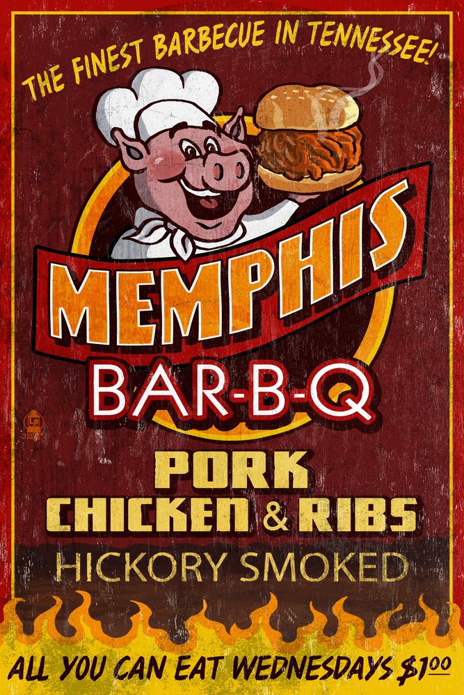 Memphis Tennessee BBQ Pig Vintage Sign 24x36 - Signed Art Print, Wall Decor Poster for Kitchen, Bar & Man Cave Decor
