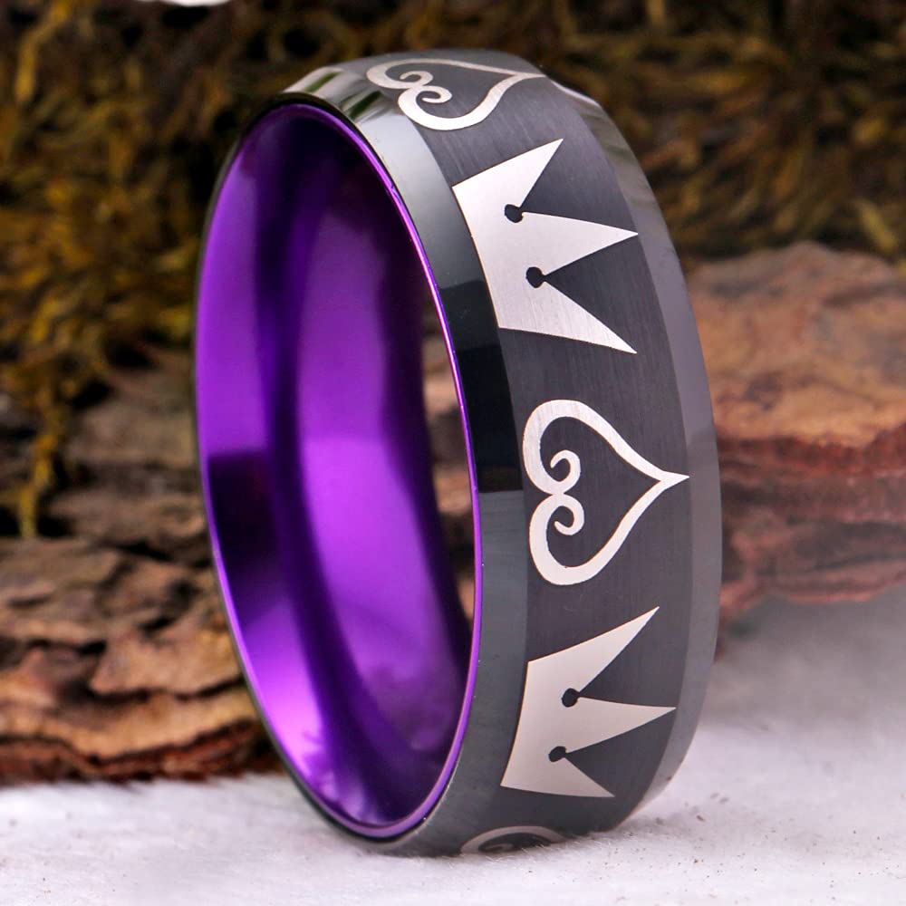 Kingdom Hearts & Crowns Design Cosplay Ring - 8mm Wide Red & Black Tungsten Wedding Band with Matte Finish & Beveled Edges - Free Custom Engraving - Perfect for Cosplay, Anime Conventions, and Gothic Weddings