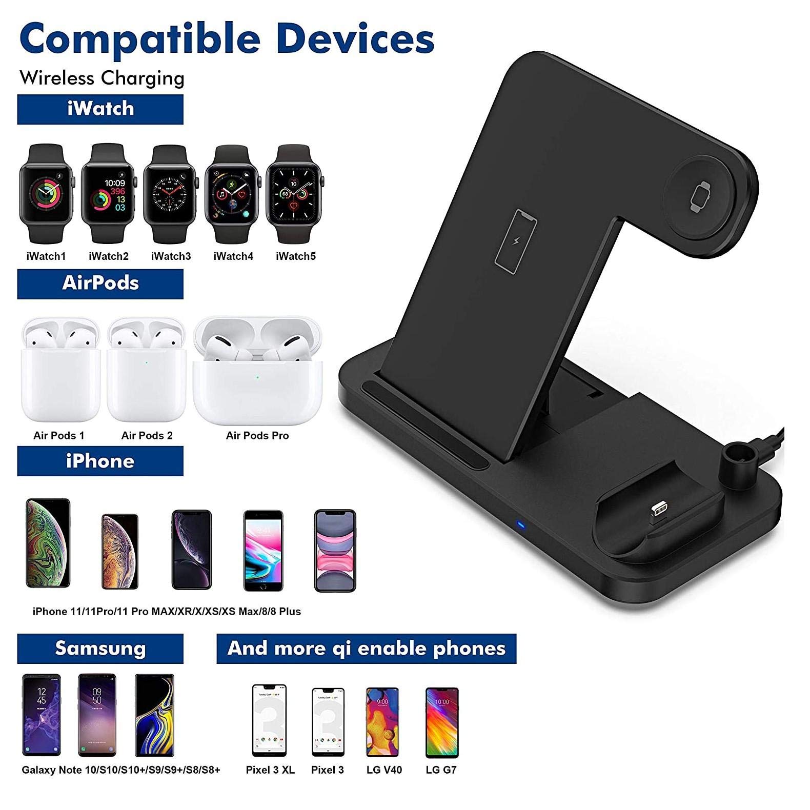 BoxWave 4-in-1 Wireless Charging Stand for iPhone 12 Mini - Qi Certified Multi-Device Desktop Charger with Fast Charging | Perfect for Home, Office, and Travel Use