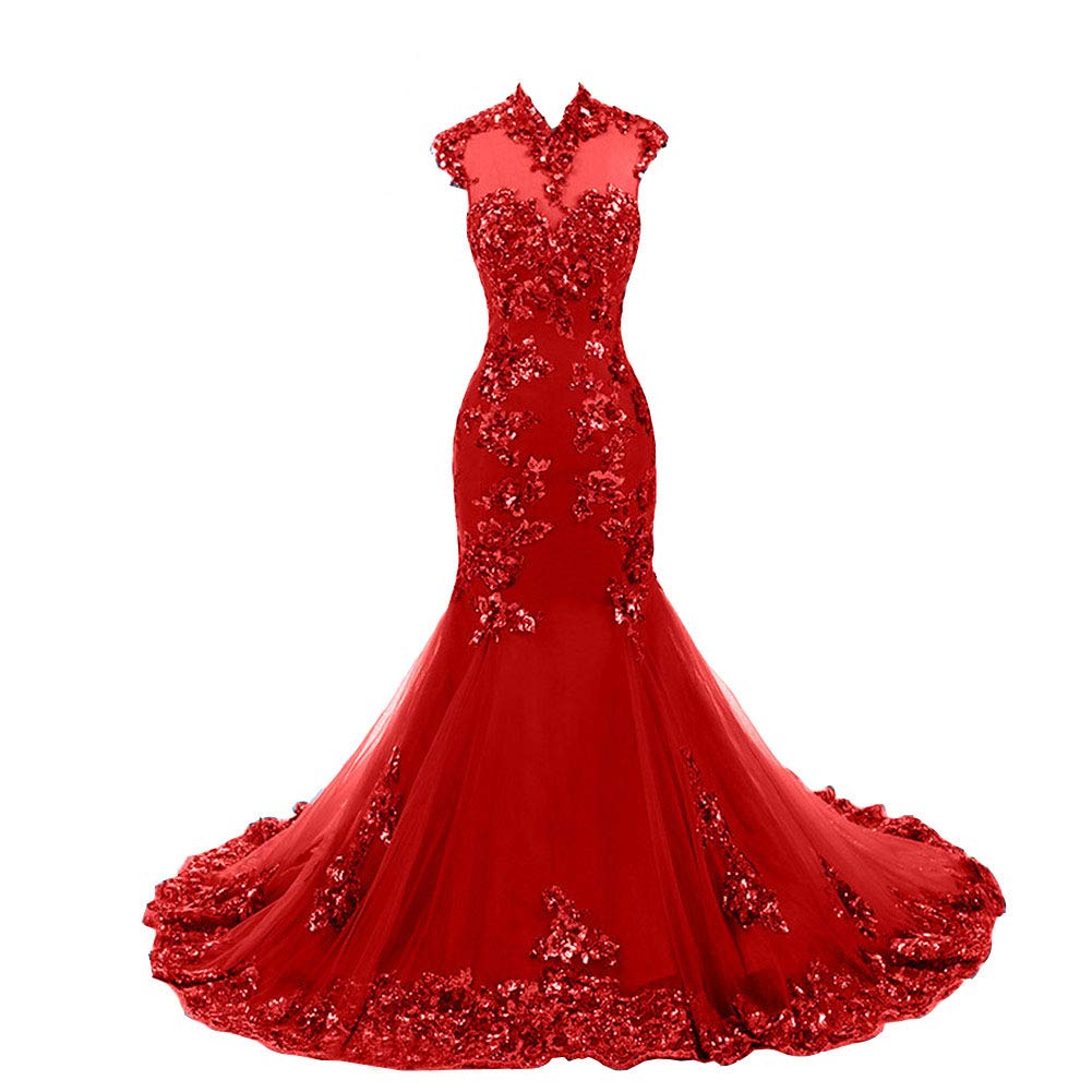 Emmani Women's Beaded Sequins High Neck Mermaid Tulle Evening Prom Dress - Red Formal Gown for Homecoming, Wedding Guest, Cocktail Party & Special Occasions