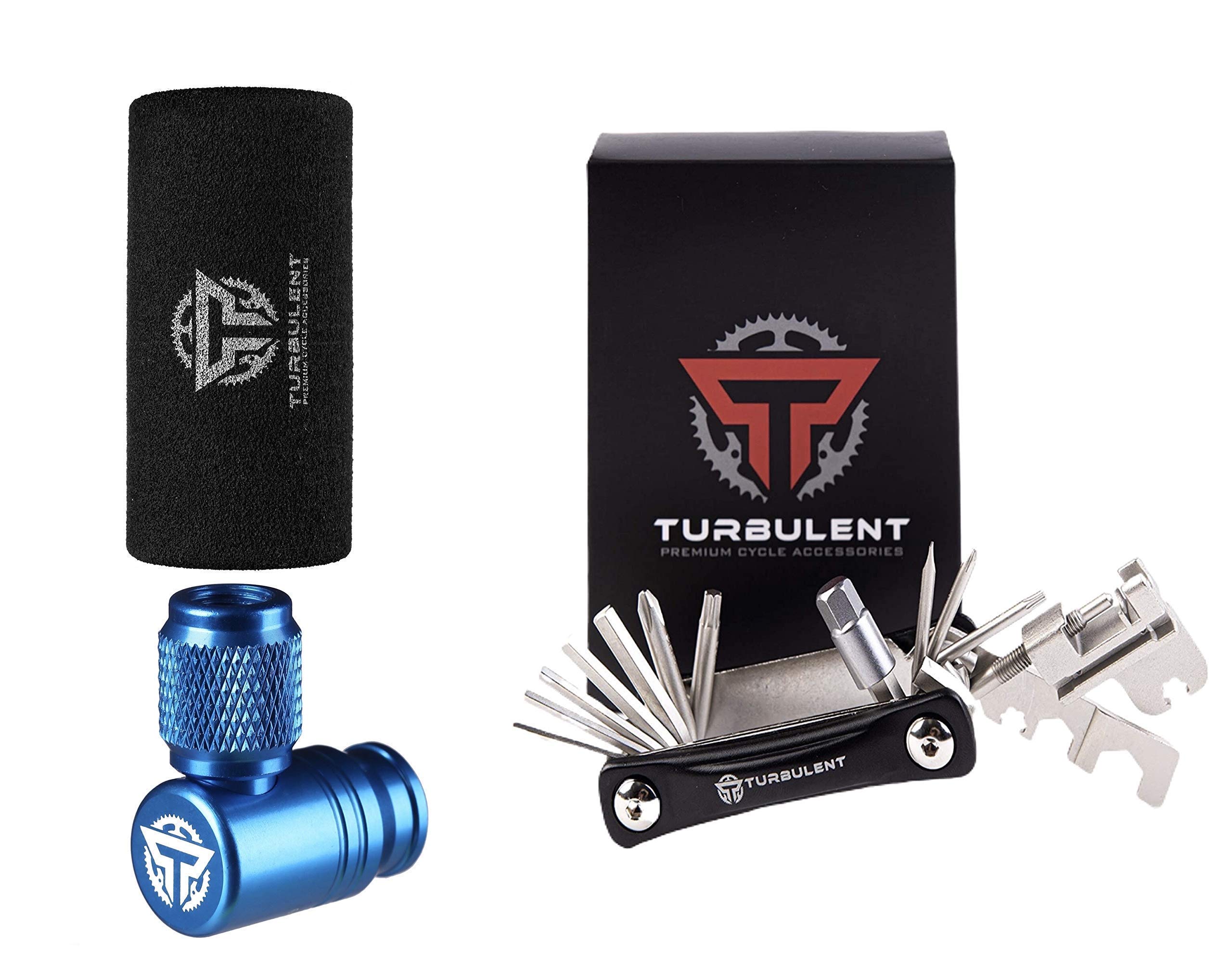 TURBULENT Bike Repair Kit - 23-in-1 Multi-Tool & CO2 Tire Inflator Set for Mountain & Road Bikes - Emergency Cycling Gear for Flat Tires & Trailside Repairs