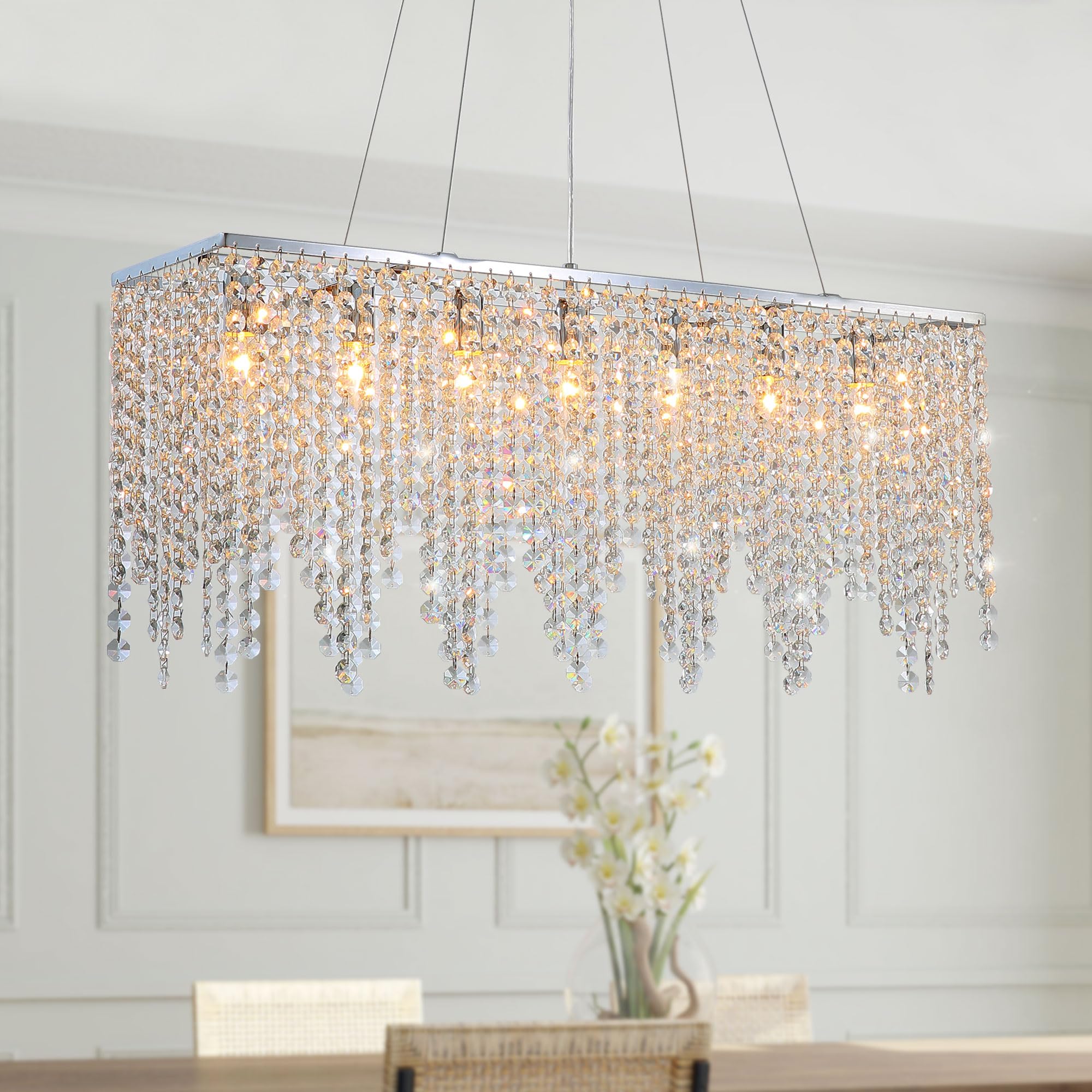 7PM 10-Light Rectangle Crystal Chandelier - Modern Linear Pendant Lighting for Dining Room & Kitchen Island (47