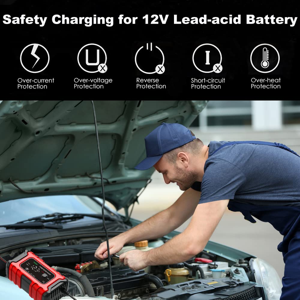12V 6-Amp Smart Car Battery Charger & Maintainer - Fully Automatic Trickle Charger, Battery Desulfator for Automotive, Motorcycle, Boat, RV, ATV, SUV, Lawn Mower & Snowmobile - Perfect for Winter Storage & Vehicle Maintenance