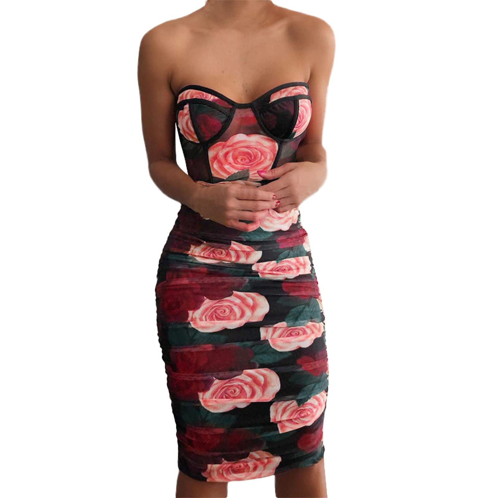 Stylish Women's Sleeveless Floral Print Bodycon Party Dress - Sexy Low-Cut Slim Fit Yoga Dress for Night Out, Club Wear & Summer Vacation Outfits